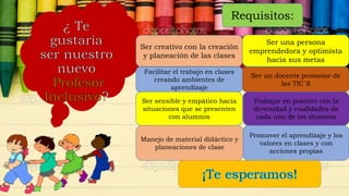 Ser una persona
emprendedora y optimista
hacia sus metas
Ser creativo con la creación
y planeación de las clases
Facilitar el trabajo en clases
creando ambientes de
aprendizaje
Ser sensible y empático hacia
situaciones que se presenten
con alumnos
Ser un docente promotor de
las TIC´S
Trabajar en positivo con la
diversidad y cualidades de
cada uno de los alumnos
Requisitos:
Promover el aprendizaje y los
valores en clases y con
acciones propias
Manejo de material didáctico y
planeaciones de clase
 