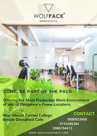 Near Mount Carmel College
Beside Desserted Cafe
COME, BE PART OF THE PACK
Offering the Most Productive Work Environment
at one of Bangalore’s Prime Locations
WORKSPACES
9880923968
9743286284        
9986794413               
W W W . W O L F P A C K I N D I A . C O M
CONTACT
 