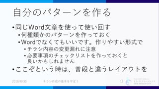 特定非営利活動法人
まちづくりエージェント
SIDE BEACH CITY.
自分のパターンを作る
•同じWord文章を使って使い回す
•何種類かのパターンを作っておく
•Wordでなくてもいいです。作りやすい形式で
• チラシ内容の変更漏れに注意
• 必要事項のチェックリストを作っておくと
良いかもしれません
•ここぞという時は、普段と違うレイアウトを
2018/6/30 チラシ作成の基本を学ぼう 19
 