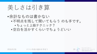 特定非営利活動法人
まちづくりエージェント
SIDE BEACH CITY.
美しさは引き算
•余計なものは書かない
•不明点を残して聞いてもらう のも手です。
• ちょっと上級テクニック？
•空白を活かすくらいでちょうどいい
2018/6/30 チラシ作成の基本を学ぼう 20
 