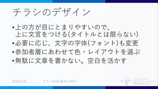 特定非営利活動法人
まちづくりエージェント
SIDE BEACH CITY.
チラシのデザイン
•上の方が目にとまりやすいので、
上に文言をつける(タイトルとは限らない)
•必要に応じ、文字の字体(フォント)も変更
•参加者層にあわせて色・レイアウトを選ぶ
•無駄に文章を書かない。空白を活かす
2018/6/30 8チラシ作成の基本を学ぼう
 