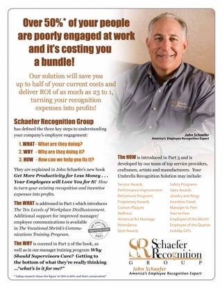 Over 50%* of your people
   are poorly engaged at work
     and it’s costing you
       a bundle!
      Our solution will save you
 up to half of your current costs and
  deliver ROI of as much as 23 to 1,
       turning your recognition
         expenses into profits!

Schaefer Recognition Group
has defined the three key steps to understanding
your company’s employee engagement:                                                                                     John Schaefer
                                                                                                   America’s Employee Recognition Expert
    1. WHAT - What are they doing?
    2. WHY - Why are they doing it?
    3. HOW - How can we help you fix it?                                        The HOW is introduced in Part 3 and is
                                                                                developed by our team of top service providers,
They are explained in John Schaefer’s new book                                  craftsmen, artists and manufacturers. Your
Get More Productivity for Less Money . . .                                      Umbrella Recognition Solution may include:
Your Employees will Love You for It! How
                                                                                Service Awards                Safety Programs
to turn your existing recognition and incentive                                 Performance Improvement       Sales Awards
expenses into profits.                                                          Retirement Programs           Jewelry and Rings
The WHAT is addressed in Part 1 which introduces                                Proprietary Awards            Incentive Travel
                                                                                Custom Plaques                Manager to Peer
The Ten Levels of Workplace Disillusionment.
                                                                                Wellness                      Peer to Peer
Additional support for improved manager/
                                                                                Historical Art Montage        Employee of the Month
employee communications is available
                                                                                Attendance                    Employee of the Quarter
in The Vocational Shrink’s Commu-
                                                                                Spot Awards                   Holiday Gifts
nications Training Program.

The WHY is covered in Part 2 of the book, as
well as in our manager training program Why
Should Supervisors Care? Getting to
the bottom of what they’re really thinking                                           G         R          O          U           P
…“what’s in it for me?”                                                                  John Schaefer
                                                                                      America’s Employee Recognition Expert
* Gallup research shows this figure “at 50% to 60%, and that’s conservative!”
 