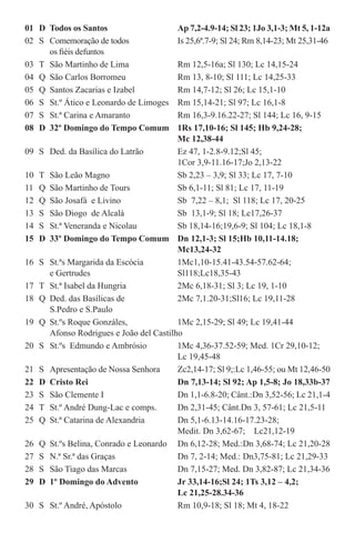 01	 D	 Todos os Santos	 Ap 7,2-4.9-14; Sl 23; 1Jo 3,1-3; Mt 5, 1-12a
02	 S	 Comemoração de todos	 Is 25,6ª.7-9; Sl 24; Rm 8,14-23; Mt 25,31-46	
	 	 os fiéis defuntos 	
03	 T	 São Martinho de Lima	 Rm 12,5-16a; Sl 130; Lc 14,15-24
04	 Q	 São Carlos Borromeu	 Rm 13, 8-10; Sl 111; Lc 14,25-33
05	 Q	 Santos Zacarias e Izabel	 Rm 14,7-12; Sl 26; Lc 15,1-10
06	 S	 St.º Ático e Leonardo de Limoges	 Rm 15,14-21; Sl 97; Lc 16,1-8
07	 S	 St.ª Carina e Amaranto	 Rm 16,3-9.16.22-27; Sl 144; Lc 16, 9-15
08	 D	 32º Domingo do Tempo Comum	 1Rs 17,10-16; Sl 145; Hb 9,24-28; 	
			 Mc 12,38-44
09	 S	 Ded. da Basílica do Latrão	 Ez 47, 1-2.8-9.12;Sl 45; 		
			 1Cor 3,9-11.16-17;Jo 2,13-22
10	 T	 São Leão Magno	 Sb 2,23 – 3,9; Sl 33; Lc 17, 7-10
11	 Q	 São Martinho de Tours	 Sb 6,1-11; Sl 81; Lc 17, 11-19
12	 Q	 São Josafá  e Livino	 Sb  7,22 – 8,1;  Sl 118; Lc 17, 20-25
13	 S	 São Diogo  de Alcalá	 Sb  13,1-9; Sl 18; Lc17,26-37
14	 S	 St.ª Veneranda e Nicolau	 Sb 18,14-16;19,6-9; Sl 104; Lc 18,1-8
15	 D	 33º Domingo do Tempo Comum	 Dn 12,1-3; Sl 15;Hb 10,11-14.18; 	
			 Mc13,24-32
16	 S	 St.ªs Margarida da Escócia	 1Mc1,10-15.41-43.54-57.62-64;		
		 e Gertrudes 	 Sl118;Lc18,35-43
17	 T	 St.ª Isabel da Hungria	 2Mc 6,18-31; Sl 3; Lc 19, 1-10
18	 Q	 Ded. das Basílicas de	 2Mc 7,1.20-31;Sl16; Lc 19,11-28 	
		 S.Pedro e S.Paulo
19	 Q	 St.ºs Roque Gonzáles,	 1Mc 2,15-29; Sl 49; Lc 19,41-44 	
		 Afonso Rodrigues e João del Castilho
20	 S	 St.ºs  Edmundo e Ambrósio	 1Mc 4,36-37.52-59; Med. 1Cr 29,10-12;	
			 Lc 19,45-48
21	 S	 Apresentação de Nossa Senhora	 Zc2,14-17; Sl 9;:Lc 1,46-55; ou Mt 12,46-50
22	 D	 Cristo Rei	 Dn 7,13-14; Sl 92; Ap 1,5-8; Jo 18,33b-37
23	 S	 São Clemente I	 Dn 1,1-6.8-20; Cânt.:Dn 3,52-56; Lc 21,1-4
24	 T	 St.º André Dung-Lac e comps.	 Dn 2,31-45; Cânt.Dn 3, 57-61; Lc 21,5-11
25	 Q	 St.ª Catarina de Alexandria	 Dn 5,1-6.13-14.16-17.23-28; 		
			 Medit. Dn 3,62-67;    Lc21,12-19
26	Q	St.ºs Belina, Conrado e Leonardo	 Dn 6,12-28; Med.:Dn 3,68-74; Lc 21,20-28
27	 S	 N.ª Sr.ª das Graças	 Dn 7, 2-14; Med.: Dn3,75-81; Lc 21,29-33
28	 S	 São Tiago das Marcas	 Dn 7,15-27; Med. Dn 3,82-87; Lc 21,34-36
29	 D	 1º Domingo do Advento	 Jr 33,14-16;Sl 24; 1Ts 3,12 – 4,2; 	
			 Lc 21,25-28.34-36
30	 S	 St.º André, Apóstolo	 Rm 10,9-18; Sl 18; Mt 4, 18-22       
 