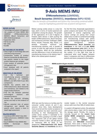 Technology and Patent Infringement Risk Analysis – September 2014 
9-Axis MEMS IMU STMicroelectronics (LSM9DS0), Bosch Sensortec (BMX055), InvenSense (MPU-9250) Take the benefits of KnowMade and System Plus Consulting combined added value for highlighting potential risks of patent infringement. 
Motion sensing combo sensor is a very hot topic, both in terms of market potential and competition among the players. The growth of the applications of 6 and 9 degrees of freedom (DoF) devices is both pushing the leaders (STMicroelectronics, Bosch Sensortec and InvenSense) and their challengers (AKM, Kionix, mCube, Freescale, Alps, Kionix…) to develop innovative technical and manufacturing solutions, and, in parallel of course, to have the right patents to protect their inventions. What are the similarities and the differences in term of technical and manufacturing choices at the devices level ? What is the related patent situation? For the first time, Knowmade (specialized in patent analysis) and System Plus Consulting (specialized in reverse engineering and reverse costing) are joining their unique added value in order to combined technology and manufacturing analysis with patent claims understanding to highlight the risks of patent infringement between STMicroelectronics, Bosch Sensortec and InvenSense in the field of 9 axis MEMS inertial measurement units (IMU). As the 9 axis IMUs are just starting to be adopted by the market, it is the right time now to understand what could happen between these 3 companies and how to differentiate patents and claims compared to the leaders. 
REPORT OUTLINE 
•Technology and patent infringement risk analysis of 9-Axis MEMS IMU LSM9DS0 (STMicroelectronics), BMX055 (Bosch Sensortec) and MPU-9250 (InvenSense) 
•September 2014 
•PDF & Excel file 
•80+ slides 
•€5,990 KEY FEATURES OF THE REPORT 
•Deep insight on technology data and manufacturing processes 
•Comparative studies of product features (similarities & differences) 
•Key patents related to the target product features per company 
•Cross analysis of potential patent infringement risks 
•Excel database with all patents analyzed in the report OBJECTIVES OF THE REPORT 
•Find the technical and manufacturing process similarities and differences of LSM9DS0, BMX055 and MPU-9250 9-axis IMU components. 
•Identify key patents held by STMicroelectronics, Bosch Sensortec and InvenSense, and related to the target product features. 
•Find the link between patented technological solutions and marketed products. 
•Identify the potential infringing parties and help to find evidence of use. 
•Identify potential risks of patent infringement and identify the patents which require a more in depth legal assessment. RELATED REPORTS 
•InvenSense MPU-9250 9-Axis IMU 
•STMicroelectronics LSM9DS0 9-Axis MEMS IMU 
•Bosch BMX055 9-Axis MEMS IMU 
•MEMS Gyroscope Patent Investigation 
MEMS accelero & gyro structure 
System Plus Consulting, 2014 
2012 was seen by many as a turnkey year for consumer combo sensors (6 and 9 axis sensors). Since then, many developments have occurred and the market acceptance of combo solutions has been extremely quick. According to Yole Développement, the combo sensor market is estimated to be $446M in 2013, growing to $1.97B in 2018. This represents 21% of the global inertial consumer market in 2013, and will grow to an impressive 66% by 2018. In this playground, STMicroelectronics (ST), Bosch Sensortec (Bosch) and InvenSense are the 3 market leaders in the inertial consumer sensors with more than 50% of market share. 
In a patent infringement action, the potential sales volume plays a major role for assessing the damage award. Thereby, this study is naturally focused on the newest 9-axis inertial MEMS components supplied by these market leaders: LSM9DS0 (STMicroelectronics), BMX055 (Bosch Sensortec) and MPU-9250 (InvenSense). Moreover, there exists a history of patent disputes between these 3 leading players. 
Distributed by  