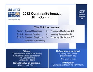 Change
            2012 Community Impact                                        Won’t
                                                                        Happen
                 Mini-Summit                                            Without
                                                                          You




                         The Critical Issues
    Topic 1: School Readiness       Thursday, September 20
    Topic 2: Secure Families        Monday, September 24
    Topic 3: Students Staying in    Thursday, September 27
             School & Succeeding




            Where:                        Refreshments Included:
The Nonprofit Center at the Armory             A hearty snack will be
 Consumers Energy Board Room                    provided each day.
      330 Marshall Street
                                                 The forum is free.
      Lansing, MI 48912
Same time for all sessions:                       To Register:
      4:00 p.m. to 7:00 p.m.           Complete and return the RSVP form.
 