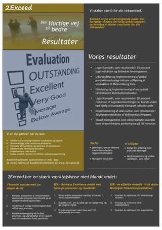 2Exceed                                                                              Vi skaber værdi for din virksomhed.

                                                                                     Kontakt os for et uforpligtende møde. Her
                                    Den                                              fortæller vi mere om vores unikke koncept,
                                            Hurtige vej                              og hvordan vi skaber resultater for din
                                                                                     virksomhed
                                         til bedre

                                     Resultater
                                                                                    Vores resultater
                                                                                      •    Logistikprojekt, som resulterede i 35 procent
                                                                                           lagerreduktion og forbedret leveringsevne.
                                                                                      •    Udarbejdelse og implementering af global
                                                                                           produktionsstrategi inklusiv udflytning af
                                                                                           produktion til Østeuropa og Kina.
                                                                                      •    Etablering og implementering af europæisk
                                                                                           centraliseret distributionsstruktur.
                                                                                      •    Logistikprojekt, som resulterede i 20 procent
                                                                                           reduktion af logistikomkostningerne, blandt andet
                                                                                           ved hjælp af europæisk transport udbudsrunde.
                                                                                      •    Implementering af Lean-kultur, som resulterede i
                                                                                           30 procent reduktion af driftsomkostningerne.
                                                                                      •    Visual management, som sikrer komplet overblik
                                                                                           over virksomhedens performance på 30 minutter.


Vi er din partner når du skal:

·    Udvikle en ny strategi indenfor produktion og logistik
·    Sammenlægge eller outsource produktion                                           Du får                            Vi tilbyder
·    Forbedre din bundlinje og optimere din produktion
·    Optimere din distributionsstruktur                                              · Løsninger, som er afstemt        · Mange års erfaring med
·    Implementere Lean-kultur                                                          med virksomhedens                  praktiske løsninger.
·    Skabe overblik og sikre en effektiv ledelsesrapportering                          nøglemedarbejdere
                                                                                                                        · Høj kompetence og unikke
Kundetilfredsheden og kvaliteten er helt i top.                                      · Hurtigere resultater               værktøjer, som virker.
Se vores måling af kundetilfredsheden på www.2exceed.dk




    2Exceed har en stærk værktøjskasse med blandt andet:
 Finansiel analyse med tre                       BEA - Business Excellence model med                      SOR – en effektiv metodik til at skabe
simple skridt                                    fokus på processer og resultater                         Strategisk Omkostningsreduktion

1.    Komplet assessment af virksomhedens        1.   Vores unikke assessment-værktøj er kernen i         1.   Hvordan du optimerer din omkostnings
      økonomiske situation med henblik på at          vores analysemodeller.                                   struktur.
      afdække forbedringsområder.
                                                 2.   Overblik over, om du både gør de rigtige ting, og   2.   Hvordan du involverer dine
2.    Vurdering af mulige forbedringsområder          gør tingene rigtigt.                                     medarbejdere.
      ud fra best practices.
                                                 3.   Proces-assessment med mere end 120                  3.   Hvordan du optimerer din organisation.
3.    Konsekvensberegning ud fra best                 detaljerede processer.
      practices, og udarbejdelse af en rapport
      med virksomhedens fulde potentiale
 