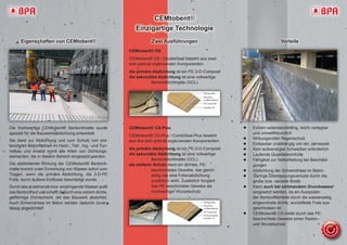Eigenschaften von CEMtobent® VorteileZwei Ausführungen
CEMtobent®
Einzigartige Technologie
Die hochwertige CEMtobent® Bentonitmatte wurde
speziell für die Bauwerksabdichtung entwickelt.
Sie dient zur Abdichtung und zum Schutz von erd-
berührten Betonﬂächen im Hoch-, Tief-, Ing.- und Tun-
nelbau und ersetzt somit alle Arten von Dichtungs-
elementen, die in diesem Bereich eingesetzt werden.
Die abdichtende Wirkung der CEMtobent® Bentonit-
matte kommt unter Einwirkung von Wasser sofort zum
Tragen, wenn die primäre Abdichtung, die 3-D-PE
Folie, durch äußere Einﬂüsse beschädigt wurde.
Durch das anstehende bzw. eindringende Wasser quillt
das Bentonit auf und schafft dadurch eine extrem dichte,
gelförmige Dichtschicht, die das Bauwerk abdichtet.
Auch Schwindrisse im Beton werden dadurch zuver-
lässig abgedichtet!
CEMtobent® DS
CEMtobent® DS / DoubleSeal besteht aus zwei
sich optimal ergänzenden Komponenten:
die primäre Abdichtung ist ein PE-3-D-Composit
die sekundäre Abdichtung ist eine vollwertige
Bentonitdichtmatte (GCL)
 Extrem widerstandsfähig, leicht verlegbar
und umweltfreundlich
 Wirkungsvoller Regenschutz
 Einbaubar unabhängig von der Jahreszeit
 Kein aufwendiges Schweißen erforderlich
 Laufende Qualitätskontrolle
 Fähigkeit zur Selbstheilung bei Beschädi-
gungen
 Abdichtung der Schwindrisse im Beton
 Geringe Überlappungsverluste durch die
große bzw. variable Breite
 Kann auch bei strömendem Grundwasser
eingesetzt werden, da ein Ausspülen
der Bentonitfeinteile durch die wasserseitig
angeordnete dichte, wurzelfeste Folie aus-
geschlossen ist
 CEMtobent® CS bietet durch das PE-
beschichtete Gewebe einen Radon–
und Wurzelschutz
Deckgewebe
Aero-Vlies
mit Betonitpulver
3D Composite
Gewebe DS
Deckgewebe
Aero-Vlies
mit Betonitpulver
3D Composite
PE beschichtetes
Gewebe CS
CEMtobent® CS-Plus
CEMtobent® CS-Plus / CombiSeal-Plus besteht
aus drei sich optimal ergänzenden Komponenten:
die primäre Abdichtung ist ein PE-3-D-Composit
die sekundäre Abdichtung ist eine vollwertige
Bentonitdichtmatte (GCL)
als weiterer Schutz dient ein dichtes, PE-
beschichtetes Gewebe, das gleich-
zeitig wie eine Folienabdichtung
zusätzlich wirkt. Zusätzlich fungiert
das PE-beschichtete Gewebe als
hochwertiger Wurzelschutz
 