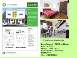 Onate Street Mandurriao 
Down Payment: 7,417.78 for 18 mos. 
Price: 1,435,200 
Reservation Fee: 10,000 
For more details call/text Jojo 
09204143358 
Viber : 09204143358 
