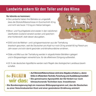 Landwirte ackern für den Teller und das Klima
so könnte es kommen:
• Die Landwirte haben ihre Betriebe so umgestellt,
  dass die Stickstoffüberschüsse im Durchschnitt 40 kg
  und nicht wie heute 110 kg pro Hektar betragen.

• Moor- und Feuchtgebiete sind wieder in den natürlichen                 MINUS
  überfluteten Zustand versetzt worden und speichern                        51 % CO2
  eher Kohlenstoff, statt diesen abzugeben.

• 2050 sind die Methan- und Lachgasemissionen aus der Tierhaltung
  drastisch gesunken, weil die Deutschen pro Kopf nur noch 20 kg anstatt 60 kg Fleisch pro
  Jahr essen und sich damit gesünder und klimafreundlicher ernähren.

• Gülle und Mist aus der Tierhaltung werden in abgedichteten Behältern gelagert
  und in Biogasanlagen verwertet bzw. für die effektivere Düngung aufbereitet.

• 25 % der deutschen Agrarfläche werden nach Regeln des ökologischen Landbaus bewirt-
  schaftet.


                         • auf stickstoffüberschüsse wird eine abgabe erhoben u. deren
 so                        erlös in effizientere technik, Forschung und ausbildung investiert

   wir das:
                         • die gemeinsame agrarpolitik der eu fördert nur noch
                           klimaschonende techniken bzw. Investitionen
• die Bundesregierung legt ein massives Bildungsprogramm auf, das die deutschen
  zu einer fleischreduzierten Kost und einer gesünderen ernährung animiert
 
