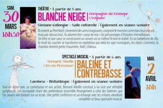 Ils croient au Père Noël, s’inventent des amis imaginaires, craignent le monstre caché dans leur placard…
                              mais par-dessus tout, ils adorent être « pour de vrai » les personnages d’histoires merveilleuses.
                              Un frère et une sœur se construisent un univers où se mêlent fiction et réalité. En un battement de cils,
                              le rituel du coucher se transforme en expédition par-delà les sept montagnes, les objets s’animent, la
                              chambre devient petite chaumière, forêt, château.




Seul en scène avec sa contrebasse et son archet, Bernard Abeille construit à lui seul une véritable
symphonie. Son incroyable chant des profondeurs ressemble étrangement à celui des baleines que
l’on pourra voir évoluer sur un écran. Une petite conférence et un échange avec les enfants viendront
                                                                 compléter ce beau spectacle musical.
 