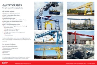 ■	 Single or dual rail tubular gantry cranes
■	 Single- or double-girder gantry cranes
■	 Wide gantry cranes
■	 Asymmetric...