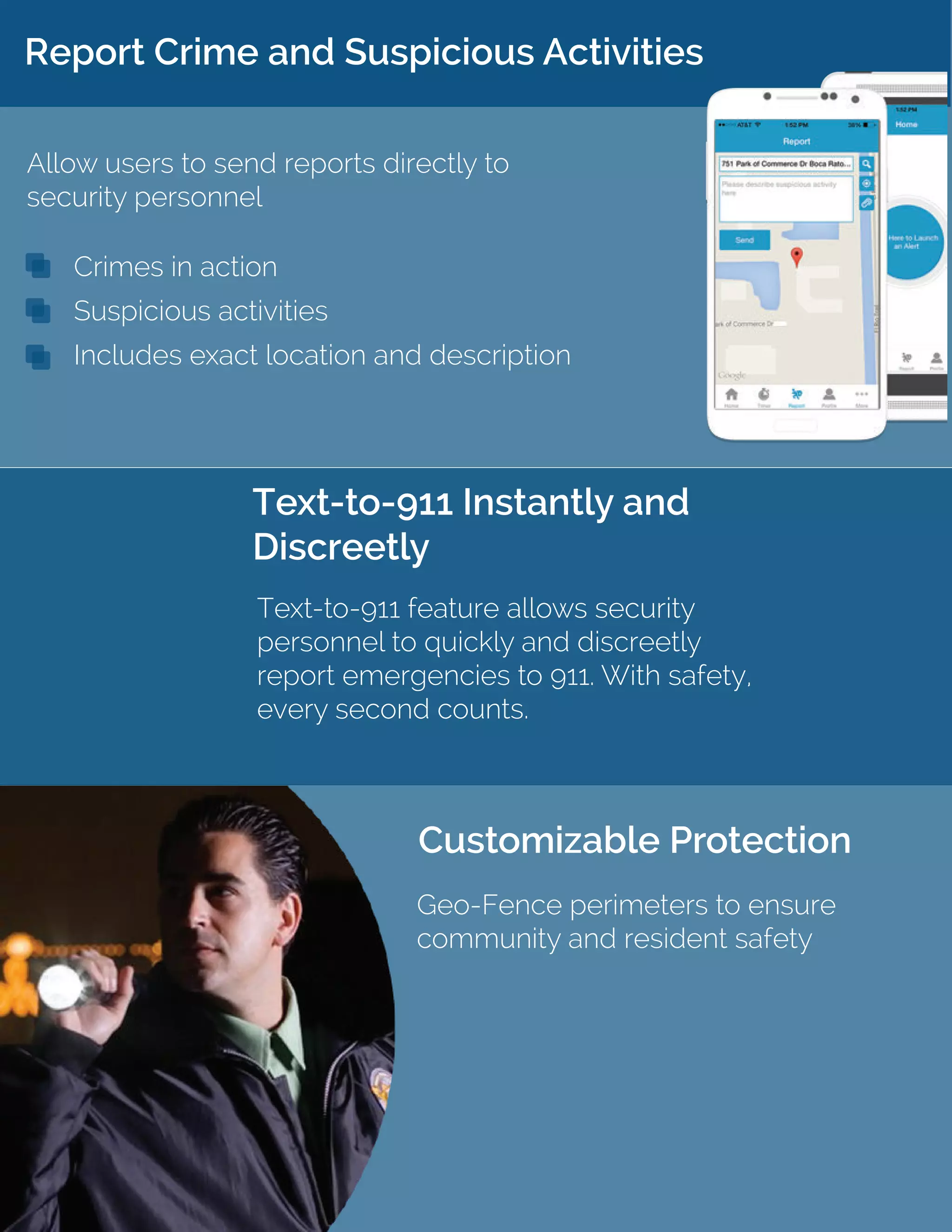 Report Crime and Suspicious Activities
Text-to-911 Instantly and
Discreetly
Customizable Protection
Allow users to send reports directly to
security personnel
Text-to-911 feature allows security
personnel to quickly and discreetly
report emergencies to 911. With safety,
every second counts.
Geo-Fence perimeters to ensure
community and resident safety
Crimes in action
Suspicious activities
Includes exact location and description