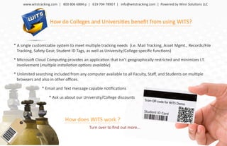 www.witstracking.com | 800 806 6884 p | 619 704 7890 f | info@witstracking.com | Powered by Winn Solutions LLC



                    How do Colleges and Universities beneﬁt from using WITS?


* A single customizable system to meet multiple tracking needs (i.e. Mail Tracking, Asset Mgmt., Records/File
  Tracking, Safety Gear, Student ID Tags, as well as University/College speciﬁc functions)

* Microsoft Cloud Computing provides an application that isn’t geographically restricted and minimizes I.T.
  involvement (multiple installation options available)

* Unlimited searching included from any computer available to all Faculty, Staﬀ, and Students on multiple
  browsers and also in other oﬃces.

                * Email and Text message capable notiﬁcations

                    * Ask us about our University/College discounts
                                                                             Scan QR cod
                                                                                        e for WITS D
                                                                                                       emo

                                                                             Student ID C
                                                                                           ard
                             How does WITS work ?
                                            Turn over to ﬁnd out more...
 