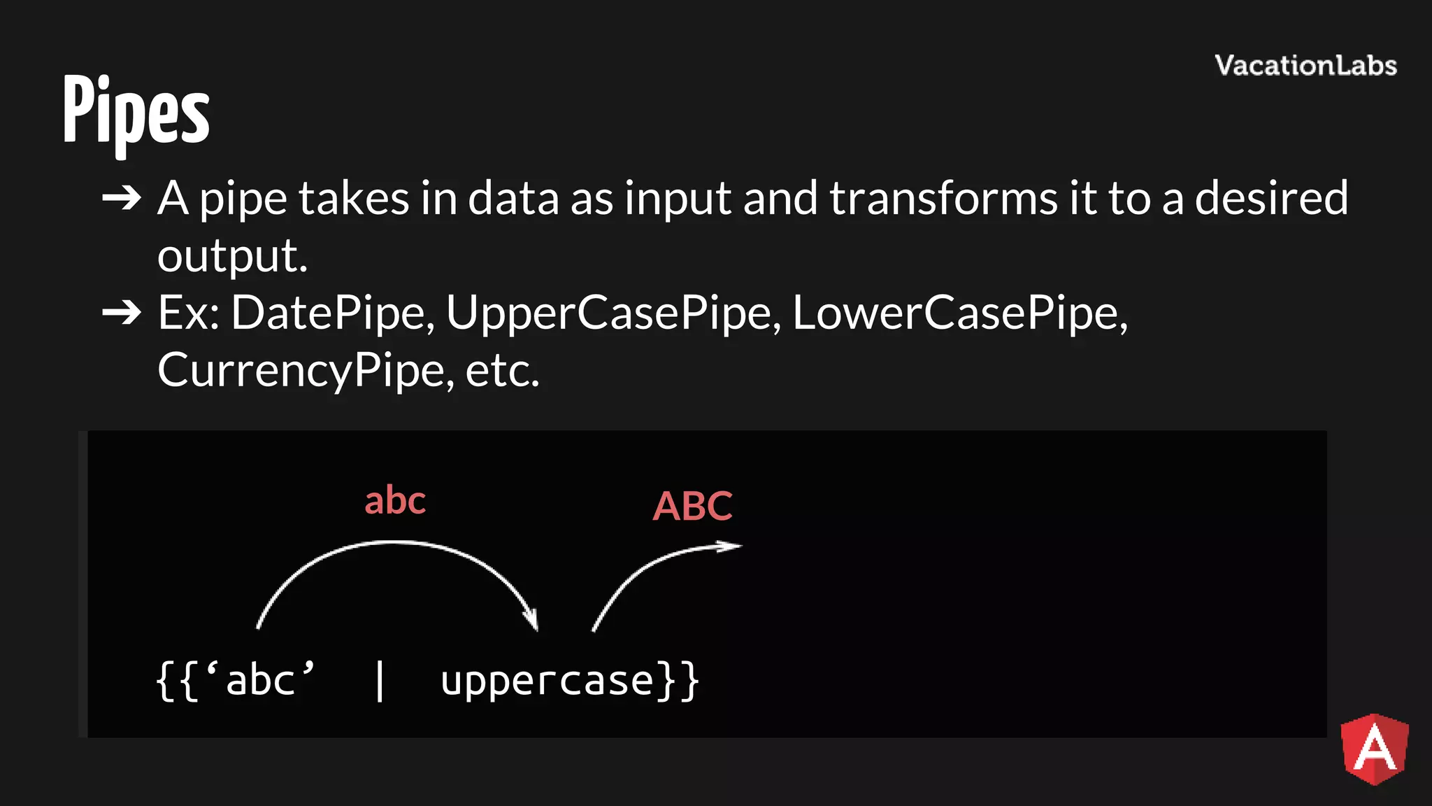 Pipes ➔ A pipe takes in data as input and transforms it to a desired output. ➔ Ex: DatePipe, UpperCasePipe, LowerCasePipe, CurrencyPipe, etc. {{‘abc’ | uppercase}} abc ABC 