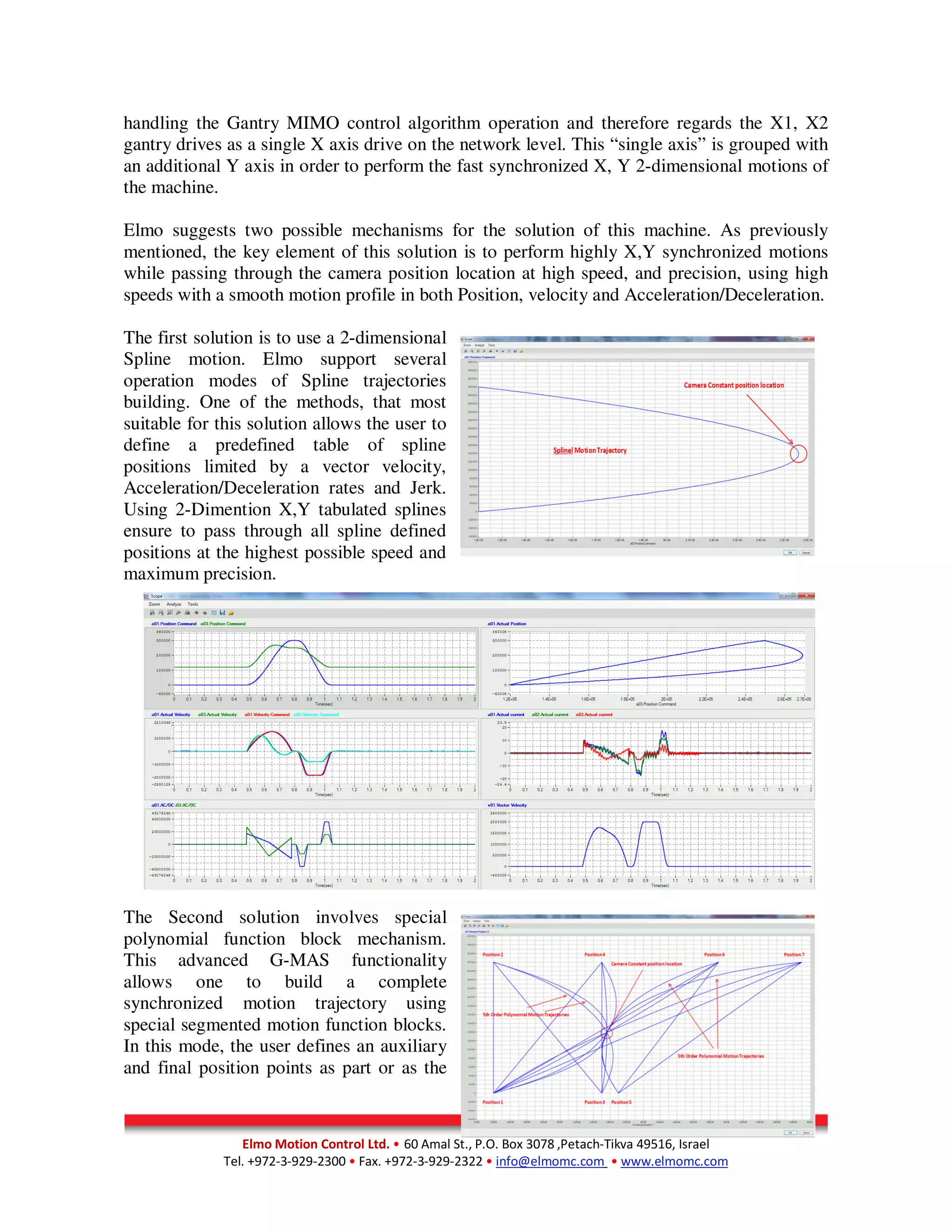 Elmo Motion Control Ltd. • 60 Amal St., P.O. Box 3078 ,Petach-Tikva 49516, Israel
Tel. +972-3-929-2300 • Fax. +972-3-929-2322 • info@elmomc.com • www.elmomc.com
handling the Gantry MIMO control algorithm operation and therefore regards the X1, X2
gantry drives as a single X axis drive on the network level. This “single axis” is grouped with
an additional Y axis in order to perform the fast synchronized X, Y 2-dimensional motions of
the machine.
Elmo suggests two possible mechanisms for the solution of this machine. As previously
mentioned, the key element of this solution is to perform highly X,Y synchronized motions
while passing through the camera position location at high speed, and precision, using high
speeds with a smooth motion profile in both Position, velocity and Acceleration/Deceleration.
The first solution is to use a 2-dimensional
Spline motion. Elmo support several
operation modes of Spline trajectories
building. One of the methods, that most
suitable for this solution allows the user to
define a predefined table of spline
positions limited by a vector velocity,
Acceleration/Deceleration rates and Jerk.
Using 2-Dimention X,Y tabulated splines
ensure to pass through all spline defined
positions at the highest possible speed and
maximum precision.
The Second solution involves special
polynomial function block mechanism.
This advanced G-MAS functionality
allows one to build a complete
synchronized motion trajectory using
special segmented motion function blocks.
In this mode, the user defines an auxiliary
and final position points as part or as the
 