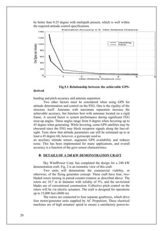 be better than 0.25 degree with multipath present, which is well within
the required attitude control specifications.
Fig.5.1 Relationship between the achievable GPS-
derived
heading and pitch accuracy and antenna separation
Two other factors must be considered when using GPS for
attitude determination and control on the FEG. One is the rigidity of the
structure itself. Antennas with maximum separation increase the
achievable accuracy, but function best with antennas located on a rigid
frame. A second factor is system performance during significant FEG
nose-up angles. These angles range from 0 degree when hovering up to
45 degree when generating. While hovering, some GPS satellites may be
obscured since the FEG may block reception signals along the line-of-
sight. Tests show that attitude parameters can still be estimated up to at
least a 45 degree tilt, however, a gyroscope used as
an auxiliary attitude sensor, augments GPS availability and reduces
noise. This has been implemented for many applications, and overall
accuracy is a function of the gyro sensor characteristics.
 DETAILS OF A 240 KW DEMONSTRATION CRAFT
Sky WindPower Corp. has completed the design for a 240 kW
demonstration craft. Fig. 2 is an isometric view of this craft.
Two units will demonstrate the commercial viability, or
otherwise, of the flying generator concept. These craft have four, two-
bladed rotors turning in paired counter-rotation as described above. The
rotors are 10.7 m in diameter with solidity of 5%, and the un-twisted
blades are of conventional construction. Collective pitch control on the
rotors will be via electric actuators. The craft is designed for operations
up to 15,000 feet (4600 m).
The rotors are connected to four separate gearboxes, which drive
four motor/generator units supplied by AC Propulsion. These electrical
machines are of high armature speed to ensure a satisfactory power-to-
20
 