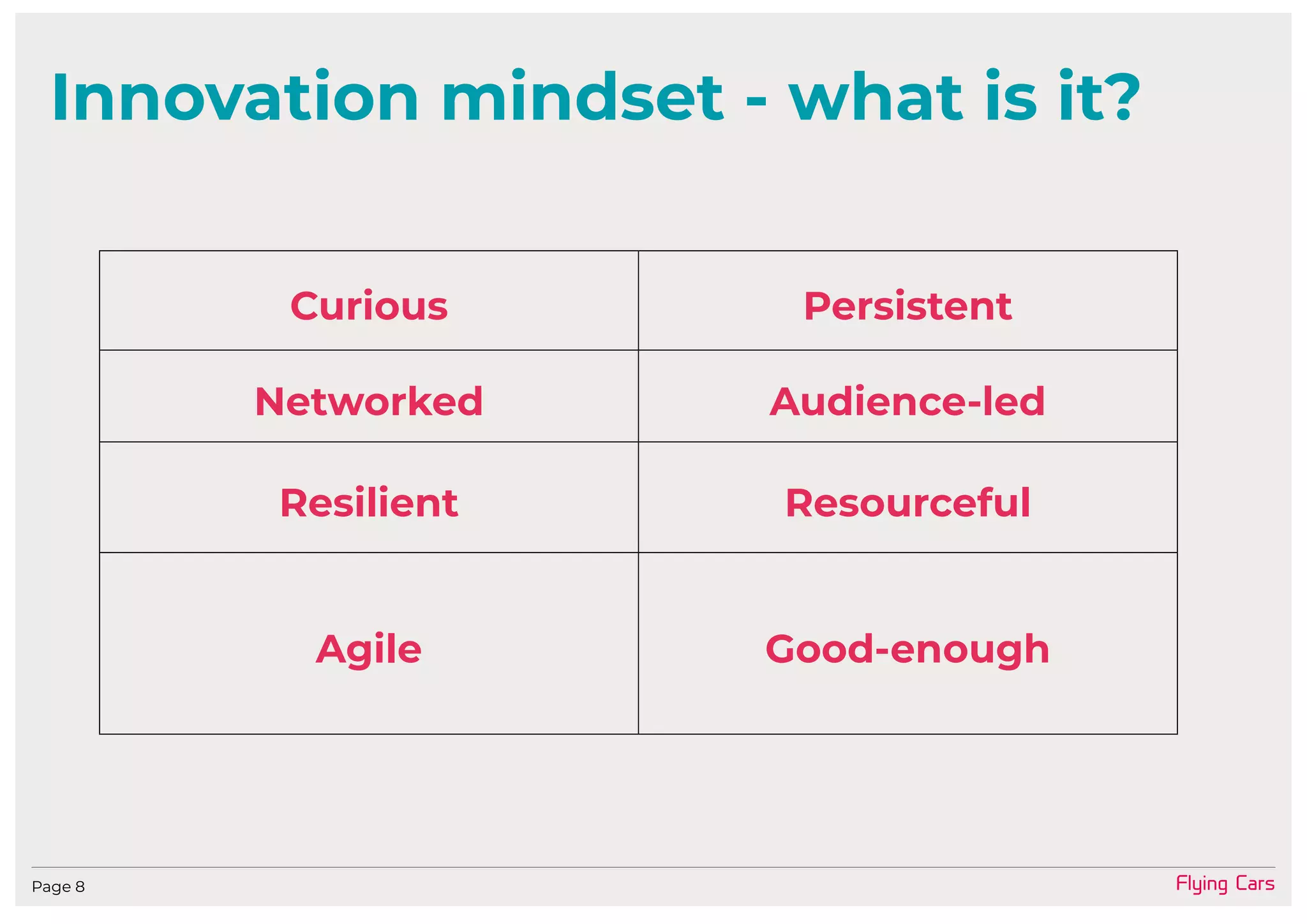 Flying CarsPage 8
Innovation mindset - what is it?
Curious Persistent
Networked Audience-led
Resilient Resourceful
Agile Good-enough