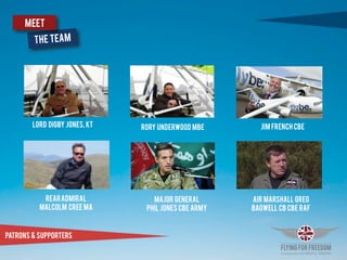 Lord Digby Jones, KT Rory Underwood MBE Jim French CBE
REARAdmiral  
MALCOLM CREE MA
Major General  
Phil Jones CBE Army
Air Marshall Greg
Bagwell CB CBE RAF
PAtRons & SUPPORTERS
 