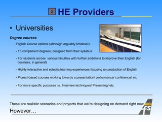 HE Providers Universities Degree courses English Course options (although arguably limitless!) :  - To compliment degrees, designed from their syllabus - For students across  various faculties with further ambitions to improve their English (for    business, in general) - Highly interactive and eclectic learning experiences focusing on production of English - Project-based courses working towards a presentation/ performance/ conference/ etc - For more specific purposes i.e. Interview techniques/ Presenting/ etc. These are realistic scenarios and projects that we’re designing on demand right now. However… 2 