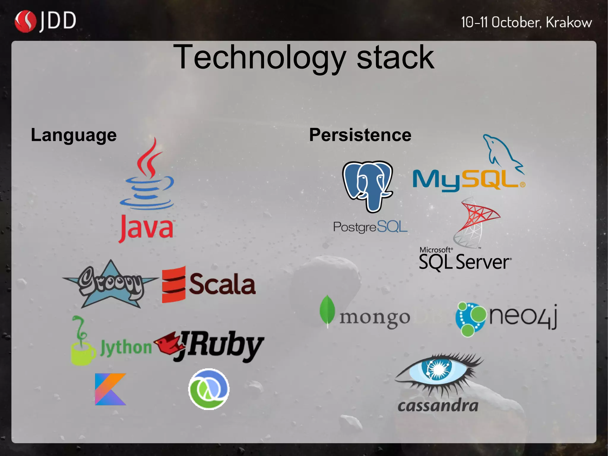 Technology stack
Language Persistence
 