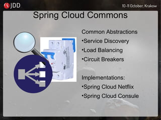 Spring Cloud Commons
Common Abstractions
•Service Discovery
•Load Balancing
•Circuit Breakers
Implementations:
•Spring Cloud Netflix
•Spring Cloud Consule
 