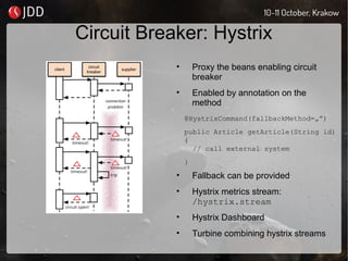 Circuit Breaker: Hystrix
• Proxy the beans enabling circuit
breaker
• Enabled by annotation on the
method
@HystrixCommand(fallbackMethod=„”)
public Article getArticle(String id)
{
// call external system
}
• Fallback can be provided
• Hystrix metrics stream:
/hystrix.stream
• Hystrix Dashboard
• Turbine combining hystrix streams
 