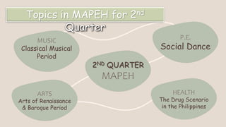 MUSIC
Classical Musical
Period
P.E.
Social Dance
2ND QUARTER
MAPEH
ARTS
Arts of Renaissance
& Baroque Period
HEALTH
The Drug Scenario
in the Philippines
Topics in MAPEH for 2nd
Quarter