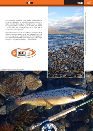 www.magazine-digital.net
                                                                    relato




                                                                              Cuando el viento arrecia sólo los pescadores más determinados siguen pescando la boca.
       Lo que más me sorprendió fue la notable combatividad de
       las piezas capturadas, tal vez de lo mejor que he visto en
       todos mis años de mosquero. Probablemente se deba a
       las bajas temperaturas de las aguas de estos ríos, debido
       a la estabilidad que le otorgan los grandes lagos que se
       encuentran en sus cabeceras.

       Lamentablemente no pude conectarme con ninguna de las
       grandes marrones migratorias, lo que indudablemente me
       traerá de regreso para seguirlas buscando. Ya tengo planes
       para la próxima temporada donde podré seguir conociendo
       más de sus amigables pescadores y bravas truchas.




Mi primera marrón en la boca del Chimehuin.




                                                                         19
 