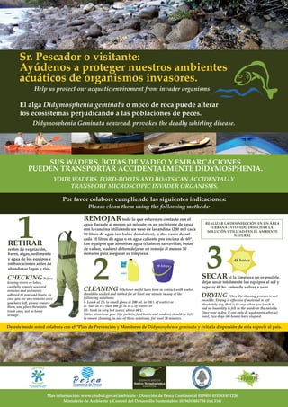 www.magazine-digital.net
                                                                                                                                                                                                  atado




        Sr. Pescador o visitante:
        Ayúdenos a proteger nuestros ambientes
        acuáticos de organismos invasores.
                       Help us protect our acquatic enviroment from invader organisms

        El alga Didymosphenia geminata o moco de roca puede alterar
        los ecosistemas perjudicando a las poblaciones de peces.
                    Didymosphenia Geminata seawead, provokes the deadly whirling disease.




                  SUS WADERS, BOTAS DE VADEO Y EMBARCACIONES
              PUEDEN TRANSPORTAR ACCIDENTALMENTE DIDYMOSPHENIA.
                                                    YOUR WADERS, FORD-BOOTS AND BOATS CAN ACCIDENTALLY
                                                        TRANSPORT MICROSCOPIC INVADER ORGANISMS,

                                                        Por favor colabore cumpliendo las siguientes indicaciones:




      1
                                                                                Please clean them using the following methods:

                                                                           REMOJAR               todo lo que estuvo en contacto con el
                                                                           agua durante al menos un minuto en un recipiente de agua                                             REALIZAR LA DESINFECCIÓN EN UN ÁREA
                                                                                                                                                                                   URBANA EVITANDO DESECHAR LA
                                                                           con lavandina utilizando un vaso de lavandina (200 ml) cada




                                                                                                                                                                                 3
                                                                                                                                                                                 SOLUCIÓN UTILIZADA EN EL AMBIENTE
                                                                           10 litros de agua (un balde doméstico), o dos vasos de sal                                                         NATURAL
                                                                           cada 10 litros de agua o en agua caliente por encima de 60º.
RETIRAR



                                                                                      2
                                                                           Los equipos que absorban agua (chalecos salvavidas, botas
restos de vegetación,                                                      de vadeo, waders) deben dejarse en remojo al menos 30
barro, algas, sedimento                                                    minutos para asegurar su limpieza.
y agua de los equipos y                                                                                                                                                                       48 horas
embarcaciones antes de                                                                              200
                                                                                                    ml.                     10 litros
abandonar lagos y ríos.

CHECKING                 Before                                                                                                                                         SECAR          si la limpieza no es posible,
leaving rivers or lakes,                                                                                                                                                dejar secar totalmente los equipos al sol y
                                                                                                                                                                        esperar 48 hs. antes de volver a usar.
carefully remove seaweed
remains and sediments                                                      CLEANING                 Whetever might have been in contact with water
adhered to gear and boats. In
case you see any remains once
                                                                           should be soaked and rubbed for at least one minute in any of the
                                                                           following solutions:
                                                                                                                                                                        DRYING When the cleaning process is not
                                                                                                                                                                        possible. Drying is effective if material is left
you have left, please remove                                               I- Leach al 2% (a small glass or 200 ml. in 10 l. of water) or
                                                                                                                                                                        absolutely dry, that is to say: when you touch it
them, and place them into                                                  II- Salt at 5% (salt 500 gr. in 10 l. of water) or
                                                                                                                                                                        and no humidity is felt in the inside or the outside.
trash cans, not in home                                                    III- Soak in very hot water, above 60ºC.
                                                                                                                                                                        Once gear is dry, it can only de used again after, at
sewage.                                                                    Water absorbent gear (life jackets, ford boots and waders) should be left,
                                                                                                                                                                        least, two days (48 hours) have elapsed.
                                                                           to ensure cleaning, in any of these solutions, for least 30 minutes.

De este modo usted colabora con el “Plan de Prevención y Monitoreo de Didymosphenia geminata y evita la dispersión de esta especie al país.




                      BI ENTE                                                                                                                                    N de
                                                                                                                                                                        PARQU
                   AM
                                                                                                                                                                                ES
                                                                                                                                                               IO
                                                                                                                                                          C




                                                                                                                                                                                 NA
                                                                                                                                                        RA




                                                                                                                                                                                   CIO
                                                                                                                                                         IST




                                                                                                                                                                                     NALE
                                                                                                                                                    ADMIN




                                                                                                                                                                                                CHUBUT
                                                                                                                                                                                         S




                  pa r
                         a t o do s
                                                                                                                                                                                                 D E S P E RTA T U N AT U R A L E Z A


              MINISTERIO DE AMBIENTE Y CONTROL
                DEL DESARROLLO SUSTENTABLE
                                                              Secretaría de Pesca
                                                              GOBIERNO DE LA PROVINCIA DEL CHUBUT
                                                                                                                                                                  APN



                                                 Mas información: www.chubut.gov.ar/ambiente - Dirección de Pesca Continental (02945) 451063/451226                                                                             53
                                                         Ministerio de Ambiente y Control del Desarrollo Sustentable: (02965) 481758 (int.116)
 