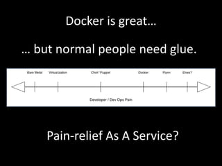 Docker is great…
… but normal people need glue.
Pain-relief As A Service?
 