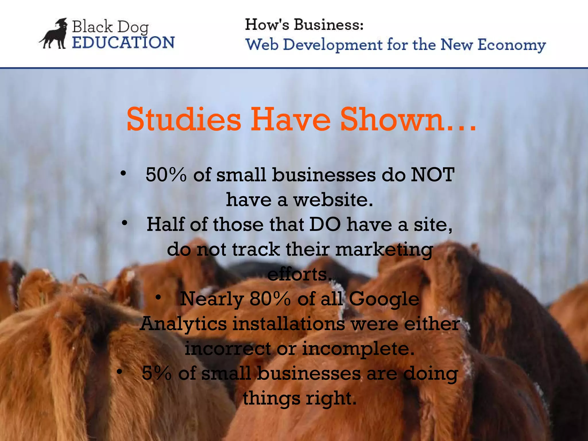 Studies Have Shown… 50% of small businesses do NOT have a website. Half of those that DO have a site, do not track their marketing efforts. Nearly 80% of all Google Analytics installations were either incorrect or incomplete. 5% of small businesses are doing things right. 