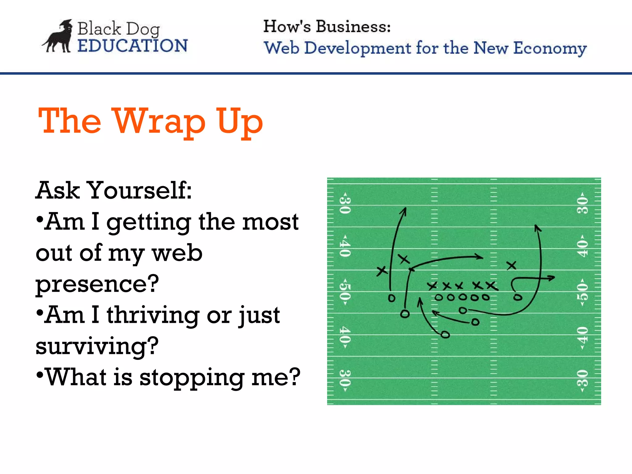 The Wrap Up Ask Yourself: Am I getting the most out of my web presence?  Am I thriving or just surviving? What is stopping me? 