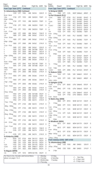For How to Use, Decodes and General Notes
please see pages 1 to 3.
1-Monday	 5-Friday
2-Tuesday	 6-Saturday
3-Wednesday	 7-Sunday
4-Thursday
Days/	
Validity	 Depart	 Arrive	 Flight No. Acft/Cl	 Stp
Days/	
Validity	 Depart	 Arrive	 Flight No. Acft/Cl	 Stp
11
+1 - Next Day
+2 - 2 Days Later
+3 - 3 Days Later
From Cape Town (CPT) Continued
To Johannesburg (JNB) Continued
7		 1705	 CPT	 1905	 JNB	 SA354	 320/JY	 0	
06Jul - 06Jul
1456		 1730	 CPT	 1935	 JNB	 SA2024	 738/Y	 0	
05Apr - 03May
145		 1730	 CPT	 1935	 JNB	 SA2024	 738/Y	 0	
From 22Aug
145		 1730	 CPT	 1935	 JNB	 SA2024	 738/Y	 0	
19Jun - 24Jul
6		 1730	 CPT	 1935	 JNB	 SA2024	 738/Y	 0	
From 21Jun
12346		 1800	 CPT	 2000	 JNB	 SA362	 738/JY	 0
124		 1800	 CPT	 2000	 JNB	 SA362	 319/JY	 0	
19Jun - 30Jun
3		 1800	 CPT	 2000	 JNB	 SA362	 319/JY	 0	
02Apr - 02Apr
6		 1800	 CPT	 2000	 JNB	 SA362	 319/JY	 0	
12Jul - 19Jul
7		 1800	 CPT	 2000	 JNB	 SA362	 320/JY	 0
5		 1820	 CPT	 2030	 JNB	 SA1586	 CR2/Y	 0
5		 1830	 CPT	 2030	 JNB	 SA362	 342/JY	 0
5		 1830	 CPT	 2030	 JNB	 SA362	 320/JY	 0	
25Apr - 02May
23		 1840	 CPT	 2040	 JNB	 SA364	 738/JY	 0
3		 1840	 CPT	 2040	 JNB	 SA364	 319/JY	 0	
30Jul - 10Sep
123457		 1845	 CPT	 2045	 HLA	 SA2148	 738/Y	 0
7		 1845	 CPT	 2100	 JNB	 SA1588	 CR2/Y	 0	
20Apr - 15Jun
13457		 1850	 CPT	 2050	 JNB	 SA366	 738/JY	 0
345		 1850	 CPT	 2050	 JNB	 SA366	 319/JY	 0	
02Jul - 04Jul
34		 1850	 CPT	 2050	 JNB	 SA366	 319/JY	 0	
16Jul - 23Jul
1		 1850	 CPT	 2050	 JNB	 SA366	 320/JY	 0	
21Apr - 21Apr
1		 1850	 CPT	 2050	 JNB	 SA366	 319/JY	 0	
16Jun - 16Jun
2		 1850	 CPT	 2050	 JNB	 SA366	 319/JY	 0
3		 1850	 CPT	 2050	 JNB	 SA366	 319/JY	 0	
03Sep - 03Sep
7		 1850	 CPT	 2100	 JNB	 SA1588	 CR2/Y	 0
123457		 1915	 CPT	 2120	 JNB	 SA2030	 738/Y	 0
123456		 1950	 CPT	 2150	 JNB	 SA372	 738/JY	 0
4		 1950	 CPT	 2150	 JNB	 SA372	 319/JY	 0	
11Sep - 11Sep
6		 1950	 CPT	 2150	 JNB	 SA372	 319/JY	 0	
10May - 10May
6		 1950	 CPT	 2150	 JNB	 SA372	 319/JY	 0	
31May - 31May
6		 1950	 CPT	 2150	 JNB	 SA372	 319/JY	 0	
09Aug - 09Aug
7		 1950	 CPT	 2150	 JNB	 SA372	 319/JY	 0	
To 08Jun
7		 1950	 CPT	 2150	 JNB	 SA372	 319/JY	 0	
From 22Jun
7		 1950	 CPT	 2150	 JNB	 SA372	 320/JY	 0	
15Jun - 15Jun
57		 2105	 CPT	 2305	 JNB	 SA374	 738/JY	 0
57		 2105	 CPT	 2305	 JNB	 SA374	 319/JY	 0	
11Jul - 20Jul
4		 2105	 CPT	 2305	 JNB	 SA374	 319/JY	 0
To Kimberley (KIM)
135		 0550	 CPT	 0720	 KIM	 SA1151	 CR2/Y	 0
7		 1250	 CPT	 1420	 KIM	 SA1157	 CR2/Y	 0
5		 1400	 CPT	 1530	 KIM	 SA1155	 CR2/Y	 0
1234		 1555	 CPT	 1725	 KIM	 SA1155	 CR2/Y	 0
12345		 1630	 CPT	 1805	 KIM	 SA8617	 ER3/Y	 0
7		 1650	 CPT	 1825	 KIM	 SA8615	 ER3/Y	 0
To Maputo (MPM)
135		 0745	 CPT	 1010	 MPM	SA1785	 CR2/Y	 0
From Cape Town (CPT) Continued
To Nelspruit (MQP)
Daily		 1000	 CPT	 1235	 MQP	 SA8663	 AR8/Y	 0
To Port Elizabeth (PLZ)
12345		 0600	 CPT	 0730	 PLZ	 SA1801	 DH4/Y	 0
67		 0900	 CPT	 1030	 PLZ	 SA1805	 DH4/Y	 0
12345		 1010	 CPT	 1140	 PLZ	 SA1807	 DH4/Y	 0
67		 1045	 CPT	 1215	 PLZ	 SA1809	 DH4/Y	 0
123457		 1300	 CPT	 1430	 PLZ	 SA1813	 DH4/Y	 0
6		 1345	 CPT	 1455	 PLZ	 SA1813	 CR2/Y	 0
67		 1500	 CPT	 1630	 PLZ	 SA1819	 DH4/Y	 0
145		 1530	 CPT	 1650	 PLZ	 SA2082	 738/Y	 0	
From 22Aug
145		 1530	 CPT	 1650	 PLZ	 SA2082	 738/Y	 0	
07Apr - 02May
145		 1530	 CPT	 1650	 PLZ	 SA2082	 733/Y	 0	
05May - 16Jun
145		 1530	 CPT	 1650	 PLZ	 SA2082	 738/Y	 0	
19Jun - 24Jul
145		 1530	 CPT	 1650	 PLZ	 SA2082	 733/Y	 0	
25Jul - 21Aug
45		 1530	 CPT	 1650	 PLZ	 SA2082	 733/Y	 0	
To 04Apr
123		 1600	 CPT	 1730	 PLZ	 SA1821	 DH4/Y	 0
4		 1600	 CPT	 1710	 PLZ	 SA1821	 CR2/Y	 0
5		 1630	 CPT	 1740	 PLZ	 SA1821	 CR2/Y	 0
7		 1645	 CPT	 1805	 PLZ	 SA2082	 733/Y	 0	
To 17Aug
7		 1645	 CPT	 1805	 PLZ	 SA2082	 738/Y	 0	
From 13Apr
123457		 1830	 CPT	 2000	 PLZ	 SA1823	 DH4/Y	 0
To Skukuza (SZK)
Daily		 1035	 CPT	 1305	 SZK	 SA8651	 ER3/Y	 0	
From 02Jun
5		 1035	 CPT	 1305	 SZK	 SA8651	 AR8/Y	 0	
24Oct - 24Oct
To Upington (UTN)
12345		 0710	 CPT	 0830	 UTN	 SA8645	 ER3/Y	 0	
From 02Jun
12345		 0945	 CPT	 1105	 UTN	 SA8645	 ER3/Y	 0	
To 30May
7		 1045	 CPT	 1205	 UTN	 SA8647	 ER3/Y	 0
5		 1630	 CPT	 1750	 UTN	 SA8643	 ER3/Y	 0	
From 06Jun
To Walvis Bay (WVB)
7		 0800	 CPT	 0910	 WVB	 SA1721	 CR2/Y	 0	
To 31Aug
7		 0800	 CPT	 1010	 WVB	 SA1721	 CR2/Y	 0	
From 07Sep
12345		 1115	 CPT	 1325	 WVB	 SA1721	 CR2/Y	 0	
From 08Sep
12345		 1115	 CPT	 1225	 WVB	 SA1721	 CR2/Y	 0	
07Apr - 05Sep
2345		 1115	 CPT	 1325	 WVB	 SA1721	 CR2/Y	 0	
To 04Apr
To Windhoek (WDH)
24		 0615	 CPT	 0820	 WDH	SA1751	 CR2/Y	 0	
To 03Apr
24		 0615	 CPT	 0820	 WDH	SA1751	 CR2/Y	 0	
From 09Sep
24		 0615	 CPT	 0720	 WDH	SA1751	 CR2/Y	 0	
08Apr - 04Sep
2		 1630	 CPT	 1835	 WDH	SA1751	 CR2/Y	 0	
12Aug - 12Aug
From Cotonou (COO) GMT+0100
To Johannesburg (JNB)
15		 0940	 COO	 1830	 JNB	 SA083	 320/JY	 1	
26Sep - 29Sep
1		 0940	 COO	 1830	 JNB	 SA083	 319/JY	 1	
To 21Apr
 