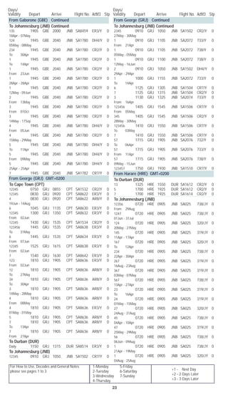 For How to Use, Decodes and General Notes
please see pages 1 to 3.
1-Monday	 5-Friday
2-Tuesday	 6-Saturday
3-Wednesday	 7-Sunday
4-Thursday
Days/	
Validity	 Depart	 Arrive	 Flight No. Acft/Cl	 Stp
Days/	
Validity	 Depart	 Arrive	 Flight No. Acft/Cl	 Stp
23
+1 - Next Day
+2 - 2 Days Later
+3 - 3 Days Later
From Gaborone (GBE) Continued
To Johannesburg (JNB) Continued
135		 1905	 GBE	 2000	 JNB	 SA8459	 ER3/Y	 0	
18Apr - 07May
124		 1945	 GBE	 2040	 JNB	 SA1780	 DH4/Y	 0	
05May - 08May
234		 1945	 GBE	 2040	 JNB	 SA1780	 CR2/Y	 0	
To 30Apr
1		 1945	 GBE	 2040	 JNB	 SA1780	 CR2/Y	 0	
To 14Apr
1		 1945	 GBE	 2040	 JNB	 SA1780	 CR2/Y	 0	
From 23Jun
1		 1945	 GBE	 2040	 JNB	 SA1780	 CR2/Y	 0	
28Apr - 28Apr
1		 1945	 GBE	 2040	 JNB	 SA1780	 CR2/Y	 0	
12May - 09Jun
2		 1945	 GBE	 2040	 JNB	 SA1780	 CR2/Y	 0	
From 13May
3		 1945	 GBE	 2040	 JNB	 SA1780	 CR2/Y	 0	
From 01Oct
3		 1945	 GBE	 2040	 JNB	 SA1780	 CR2/Y	 0	
14May - 17Sep
4		 1945	 GBE	 2040	 JNB	 SA1780	 DH4/Y	 0	
From 05Jun
4		 1945	 GBE	 2040	 JNB	 SA1780	 CR2/Y	 0	
15May - 29May
5		 1945	 GBE	 2040	 JNB	 SA1780	 DH4/Y	 0	
To 11Apr
5		 1945	 GBE	 2040	 JNB	 SA1780	 DH4/Y	 0	
From 09May
5		 1945	 GBE	 2040	 JNB	 SA1780	 DH4/Y	 0	
25Apr - 25Apr
7		 1945	 GBE	 2040	 JNB	 SA1782	 CR7/Y	 0
From George (GRJ) GMT+0200
To Cape Town (CPT)
12345		 0750	 GRJ	 0855	 CPT	 SA1532	 CR2/Y	 0
12345		 0830	 GRJ	 0920	 CPT	 SA8622	 ER3/Y	 0
4		 0830	 GRJ	 0920	 CPT	 SA8622	 AR8/Y	 0	
19Jun - 14Aug
6		 1045	 GRJ	 1135	 CPT	 SA8630	 ER3/Y	 0
12345		 1300	 GRJ	 1350	 CPT	 SA8632	 ER3/Y	 0	
From 02Jun
12345		 1430	 GRJ	 1535	 CPT	 SA1534	 CR2/Y	 0
123456		 1445	 GRJ	 1535	 CPT	 SA8638	 ER3/Y	 0	
To 31May
6		 1445	 GRJ	 1535	 CPT	 SA8634	 ER3/Y	 0	
From 07Jun
12345		 1525	 GRJ	 1615	 CPT	 SA8638	 ER3/Y	 0	
From 02Jun
7		 1540	 GRJ	 1630	 CPT	 SA8642	 ER3/Y	 0
123		 1810	 GRJ	 1905	 CPT	 SA8636	 ER3/Y	 0	
From 02Jun
12		 1810	 GRJ	 1905	 CPT	 SA8636	 AR8/Y	 0	
To 27May
34		 1810	 GRJ	 1905	 CPT	 SA8636	 AR8/Y	 0	
To 30Apr
3		 1810	 GRJ	 1905	 CPT	 SA8636	 AR8/Y	 0	
14May - 28May
4		 1810	 GRJ	 1905	 CPT	 SA8636	 AR8/Y	 0	
From 08May
4		 1810	 GRJ	 1905	 CPT	 SA8636	 ER3/Y	 0	
01May - 01May
5		 1810	 GRJ	 1905	 CPT	 SA8636	 AR8/Y	 0
7		 1810	 GRJ	 1905	 CPT	 SA8636	 AR8/Y	 0	
To 13Apr
7		 1810	 GRJ	 1905	 CPT	 SA8636	 AR8/Y	 0	
From 27Apr
To Durban (DUR)
Daily		 1150	 GRJ	 1315	 DUR	 SA8514	 ER3/Y	 0
To Johannesburg (JNB)
12345		 0910	 GRJ	 1050	 JNB	 SA1502	 CR7/Y	 0
From George (GRJ) Continued
To Johannesburg (JNB) Continued
2345		 0910	 GRJ	 1050	 JNB	 SA1502	 CR2/Y	 0	
27May - 30May
1		 0910	 GRJ	 1105	 JNB	 SA2072	 733/Y	 0	
From 21Apr
1		 0910	 GRJ	 1105	 JNB	 SA2072	 738/Y	 0	
05May - 05May
1		 0910	 GRJ	 1100	 JNB	 SA2072	 738/Y	 0	
12May - 16Jun
2		 0910	 GRJ	 1050	 JNB	 SA1502	 DH4/Y	 0	
29Apr - 29Apr
1		 1000	 GRJ	 1155	 JNB	 SA2072	 733/Y	 0	
To 14Apr
6		 1125	 GRJ	 1305	 JNB	 SA1504	 CR7/Y	 0
7		 1125	 GRJ	 1315	 JNB	 SA1504	 CR2/Y	 0
3		 1130	 GRJ	 1325	 JNB	 SA2074	 733/Y	 0	
From 16Apr
123456		 1405	 GRJ	 1545	 JNB	 SA1506	 CR7/Y	 0	
From 05May
345		 1405	 GRJ	 1545	 JNB	 SA1506	 CR2/Y	 0	
28May - 30May
123456		 1410	 GRJ	 1550	 JNB	 SA1506	 CR7/Y	 0	
To 03May
7		 1410	 GRJ	 1550	 JNB	 SA1506	 CR7/Y	 0
57		 1715	 GRJ	 1905	 JNB	 SA2076	 732/Y	 0	
To 06Apr
57		 1715	 GRJ	 1905	 JNB	 SA2076	 733/Y	 0	
From 11Apr
57		 1715	 GRJ	 1905	 JNB	 SA2076	 738/Y	 0	
09May - 15Jun
123457		 1750	 GRJ	 1930	 JNB	 SA1510	 CR7/Y	 0
From Harare (HRE) GMT+0200
To Durban (DUR)
13		 1325	 HRE	 1550	 DUR	 SA1612	 CR2/Y	 0
5		 1700	 HRE	 1925	 DUR	 SA1612	 CR2/Y	 0
7		 1700	 HRE	 1925	 DUR	 SA1614	 CR2/Y	 0
To Johannesburg (JNB)
12356		 0720	 HRE	 0905	 JNB	 SA025	 738/JY	 0	
From 29Aug
1247		 0720	 HRE	 0905	 JNB	 SA025	 738/JY	 0	
01Jun - 31Jul
124		 0720	 HRE	 0905	 JNB	 SA025	 320/JY	 0	
20May - 27May
145		 0720	 HRE	 0905	 JNB	 SA025	 319/JY	 0	
11Apr - 17Apr
167		 0720	 HRE	 0905	 JNB	 SA025	 320/JY	 0	
To 12Apr
234		 0720	 HRE	 0905	 JNB	 SA025	 738/JY	 0	
22Apr - 30Apr
267		 0720	 HRE	 0905	 JNB	 SA025	 319/JY	 0	
16Aug - 23Aug
367		 0720	 HRE	 0905	 JNB	 SA025	 319/JY	 0	
03May - 07May
567		 0720	 HRE	 0905	 JNB	 SA025	 738/JY	 0	
13Apr - 27Apr
23		 0720	 HRE	 0905	 JNB	 SA025	 319/JY	 0	
To 16Apr
24		 0720	 HRE	 0905	 JNB	 SA025	 319/JY	 0	
01May - 15May
27		 0720	 HRE	 0905	 JNB	 SA025	 320/JY	 0	
24Aug - 31Aug
45		 0720	 HRE	 0905	 JNB	 SA025	 738/JY	 0	
04Apr - 10Apr
47		 0720	 HRE	 0905	 JNB	 SA025	 319/JY	 0	
25May - 29May
56		 0720	 HRE	 0905	 JNB	 SA025	 738/JY	 0	
06Jun - 09Aug
1		 0720	 HRE	 0905	 JNB	 SA025	 738/JY	 0	
21Apr - 19May
1		 0720	 HRE	 0905	 JNB	 SA025	 320/JY	 0	
04Aug - 25Aug
 