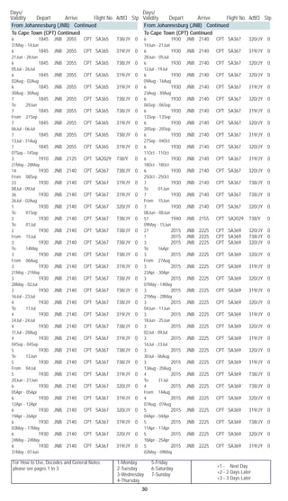 For How to Use, Decodes and General Notes
please see pages 1 to 3.
1-Monday	 5-Friday
2-Tuesday	 6-Saturday
3-Wednesday	 7-Sunday
4-Thursday
Days/	
Validity	 Depart	 Arrive	 Flight No. Acft/Cl	 Stp
Days/	
Validity	 Depart	 Arrive	 Flight No. Acft/Cl	 Stp
30
+1 - Next Day
+2 - 2 Days Later
+3 - 3 Days Later
From Johannesburg (JNB) Continued
To Cape Town (CPT) Continued
6		 1845	 JNB	 2055	 CPT	 SA365	 738/JY	 0	
31May - 14Jun
6		 1845	 JNB	 2055	 CPT	 SA365	 319/JY	 0	
21Jun - 28Jun
6		 1845	 JNB	 2055	 CPT	 SA365	 738/JY	 0	
05Jul - 26Jul
6		 1845	 JNB	 2055	 CPT	 SA365	 319/JY	 0	
02Aug - 02Aug
6		 1845	 JNB	 2055	 CPT	 SA365	 319/JY	 0	
30Aug - 30Aug
7		 1845	 JNB	 2055	 CPT	 SA365	 738/JY	 0	
To 29Jun
7		 1845	 JNB	 2055	 CPT	 SA365	 738/JY	 0	
From 21Sep
7		 1845	 JNB	 2055	 CPT	 SA365	 319/JY	 0	
06Jul - 06Jul
7		 1845	 JNB	 2055	 CPT	 SA365	 738/JY	 0	
13Jul - 31Aug
7		 1845	 JNB	 2055	 CPT	 SA365	 319/JY	 0	
07Sep - 14Sep
3		 1910	 JNB	 2125	 CPT	 SA2029	 738/Y	 0	
21May - 28May
14		 1930	 JNB	 2140	 CPT	 SA367	 738/JY	 0	
From 08Sep
23		 1930	 JNB	 2140	 CPT	 SA367	 319/JY	 0	
08Jul - 09Jul
36		 1930	 JNB	 2140	 CPT	 SA367	 319/JY	 0	
26Jul - 02Aug
1		 1930	 JNB	 2140	 CPT	 SA367	 320/JY	 0	
To 01Sep
2		 1930	 JNB	 2140	 CPT	 SA367	 738/JY	 0	
To 01Jul
2		 1930	 JNB	 2140	 CPT	 SA367	 738/JY	 0	
From 15Jul
3		 1930	 JNB	 2140	 CPT	 SA367	 738/JY	 0	
To 14May
3		 1930	 JNB	 2140	 CPT	 SA367	 738/JY	 0	
From 06Aug
3		 1930	 JNB	 2140	 CPT	 SA367	 319/JY	 0	
21May - 21May
3		 1930	 JNB	 2140	 CPT	 SA367	 738/JY	 0	
28May - 02Jul
3		 1930	 JNB	 2140	 CPT	 SA367	 738/JY	 0	
16Jul - 23Jul
4		 1930	 JNB	 2140	 CPT	 SA367	 738/JY	 0	
To 17Jul
4		 1930	 JNB	 2140	 CPT	 SA367	 319/JY	 0	
24Jul - 24Jul
4		 1930	 JNB	 2140	 CPT	 SA367	 738/JY	 0	
31Jul - 28Aug
4		 1930	 JNB	 2140	 CPT	 SA367	 319/JY	 0	
04Sep - 04Sep
5		 1930	 JNB	 2140	 CPT	 SA367	 738/JY	 0	
To 13Jun
5		 1930	 JNB	 2140	 CPT	 SA367	 738/JY	 0	
From 04Jul
5		 1930	 JNB	 2140	 CPT	 SA367	 319/JY	 0	
20Jun - 27Jun
6		 1930	 JNB	 2140	 CPT	 SA367	 320/JY	 0	
05Apr - 05Apr
6		 1930	 JNB	 2140	 CPT	 SA367	 319/JY	 0	
12Apr - 12Apr
6		 1930	 JNB	 2140	 CPT	 SA367	 320/JY	 0	
19Apr - 26Apr
6		 1930	 JNB	 2140	 CPT	 SA367	 319/JY	 0	
03May - 17May
6		 1930	 JNB	 2140	 CPT	 SA367	 320/JY	 0	
24May - 24May
6		 1930	 JNB	 2140	 CPT	 SA367	 319/JY	 0	
31May - 07Jun
From Johannesburg (JNB) Continued
To Cape Town (CPT) Continued
6		 1930	 JNB	 2140	 CPT	 SA367	 320/JY	 0	
14Jun - 21Jun
6		 1930	 JNB	 2140	 CPT	 SA367	 319/JY	 0	
28Jun - 05Jul
6		 1930	 JNB	 2140	 CPT	 SA367	 320/JY	 0	
12Jul - 19Jul
6		 1930	 JNB	 2140	 CPT	 SA367	 320/JY	 0	
09Aug - 16Aug
6		 1930	 JNB	 2140	 CPT	 SA367	 319/JY	 0	
23Aug - 30Aug
6		 1930	 JNB	 2140	 CPT	 SA367	 320/JY	 0	
06Sep - 06Sep
6		 1930	 JNB	 2140	 CPT	 SA367	 319/JY	 0	
13Sep - 13Sep
6		 1930	 JNB	 2140	 CPT	 SA367	 320/JY	 0	
20Sep - 20Sep
6		 1930	 JNB	 2140	 CPT	 SA367	 319/JY	 0	
27Sep - 04Oct
6		 1930	 JNB	 2140	 CPT	 SA367	 320/JY	 0	
11Oct - 11Oct
6		 1930	 JNB	 2140	 CPT	 SA367	 319/JY	 0	
18Oct - 18Oct
6		 1930	 JNB	 2140	 CPT	 SA367	 320/JY	 0	
25Oct - 25Oct
7		 1930	 JNB	 2140	 CPT	 SA367	 738/JY	 0	
To 01Jun
7		 1930	 JNB	 2140	 CPT	 SA367	 738/JY	 0	
From 15Jun
7		 1930	 JNB	 2140	 CPT	 SA367	 320/JY	 0	
08Jun - 08Jun
57		 1940	 JNB	 2155	 CPT	 SA2029	 738/Y	 0	
09May - 15Jun
27		 2015	 JNB	 2225	 CPT	 SA369	 320/JY	 0
1		 2015	 JNB	 2225	 CPT	 SA369	 738/JY	 0
3		 2015	 JNB	 2225	 CPT	 SA369	 320/JY	 0	
To 16Apr
3		 2015	 JNB	 2225	 CPT	 SA369	 320/JY	 0	
From 27Aug
3		 2015	 JNB	 2225	 CPT	 SA369	 319/JY	 0	
23Apr - 30Apr
3		 2015	 JNB	 2225	 CPT	 SA369	 320/JY	 0	
07May - 14May
3		 2015	 JNB	 2225	 CPT	 SA369	 319/JY	 0	
21May - 28May
3		 2015	 JNB	 2225	 CPT	 SA369	 320/JY	 0	
04Jun - 11Jun
3		 2015	 JNB	 2225	 CPT	 SA369	 319/JY	 0	
18Jun - 25Jun
3		 2015	 JNB	 2225	 CPT	 SA369	 320/JY	 0	
02Jul - 09Jul
3		 2015	 JNB	 2225	 CPT	 SA369	 319/JY	 0	
16Jul - 23Jul
3		 2015	 JNB	 2225	 CPT	 SA369	 320/JY	 0	
30Jul - 06Aug
3		 2015	 JNB	 2225	 CPT	 SA369	 319/JY	 0	
13Aug - 20Aug
4		 2015	 JNB	 2225	 CPT	 SA369	 738/JY	 0	
To 31Jul
4		 2015	 JNB	 2225	 CPT	 SA369	 738/JY	 0	
From 14Aug
4		 2015	 JNB	 2225	 CPT	 SA369	 320/JY	 0	
07Aug - 07Aug
5		 2015	 JNB	 2225	 CPT	 SA369	 319/JY	 0	
04Apr - 04Apr
5		 2015	 JNB	 2225	 CPT	 SA369	 738/JY	 0	
11Apr - 11Apr
5		 2015	 JNB	 2225	 CPT	 SA369	 320/JY	 0	
18Apr - 25Apr
5		 2015	 JNB	 2225	 CPT	 SA369	 319/JY	 0	
02May - 09May
 