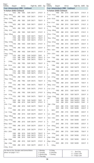 For How to Use, Decodes and General Notes
please see pages 1 to 3.
1-Monday	 5-Friday
2-Tuesday	 6-Saturday
3-Wednesday	 7-Sunday
4-Thursday
Days/	
Validity	 Depart	 Arrive	 Flight No. Acft/Cl	 Stp
Days/	
Validity	 Depart	 Arrive	 Flight No. Acft/Cl	 Stp
38
+1 - Next Day
+2 - 2 Days Later
+3 - 3 Days Later
From Johannesburg (JNB) Continued
To Durban (DUR) Continued
4		 1655	 JNB	 1805	 DUR	 SA571	 319/JY	 0	
28Aug - 28Aug
5		 1655	 JNB	 1805	 DUR	 SA571	 319/JY	 0	
02May - 02May
6		 1655	 JNB	 1805	 DUR	 SA571	 738/JY	 0	
19Apr - 03May
6		 1655	 JNB	 1805	 DUR	 SA571	 320/JY	 0	
10May - 17May
6		 1655	 JNB	 1805	 DUR	 SA571	 738/JY	 0	
31May - 26Jul
6		 1655	 JNB	 1805	 DUR	 SA571	 319/JY	 0	
02Aug - 30Aug
7		 1655	 JNB	 1805	 DUR	 SA571	 738/JY	 0
45		 1740	 JNB	 1850	 DUR	 SA573	 738/JY	 0
4		 1740	 JNB	 1850	 DUR	 SA573	 319/JY	 0	
01May - 01May
4		 1740	 JNB	 1850	 DUR	 SA573	 319/JY	 0	
15May - 15May
4		 1740	 JNB	 1850	 DUR	 SA573	 320/JY	 0	
29May - 29May
4		 1740	 JNB	 1850	 DUR	 SA573	 319/JY	 0	
21Aug - 21Aug
13457		 1750	 JNB	 1900	 DUR	 SA2051	 738/Y	 0
12		 1755	 JNB	 1905	 DUR	 SA575	 738/JY	 0
3		 1755	 JNB	 1905	 DUR	 SA575	 738/JY	 0	
To 21May
3		 1755	 JNB	 1905	 DUR	 SA575	 738/JY	 0	
From 04Jun
3		 1755	 JNB	 1905	 DUR	 SA575	 319/JY	 0	
28May - 28May
4		 1755	 JNB	 1905	 DUR	 SA575	 320/JY	 0
4		 1755	 JNB	 1905	 DUR	 SA575	 319/JY	 0	
01May - 01May
4		 1755	 JNB	 1905	 DUR	 SA575	 319/JY	 0	
14Aug - 14Aug
5		 1755	 JNB	 1905	 DUR	 SA575	 738/JY	 0	
To 25Apr
5		 1755	 JNB	 1905	 DUR	 SA575	 738/JY	 0	
From 09May
7		 1755	 JNB	 1905	 DUR	 SA575	 319/JY	 0	
To 31Aug
7		 1755	 JNB	 1905	 DUR	 SA575	 319/JY	 0	
From 14Sep
7		 1755	 JNB	 1905	 DUR	 SA575	 738/JY	 0	
07Sep - 07Sep
6		 1820	 JNB	 1930	 DUR	 SA2051	 738/Y	 0
14		 1900	 JNB	 2010	 DUR	 SA579	 319/JY	 0	
10Jul - 17Jul
1		 1900	 JNB	 2010	 DUR	 SA579	 738/JY	 0	
To 07Jul
1		 1900	 JNB	 2010	 DUR	 SA579	 738/JY	 0	
21Jul - 11Aug
1		 1900	 JNB	 2010	 DUR	 SA579	 320/JY	 0	
18Aug - 18Aug
1		 1900	 JNB	 2010	 DUR	 SA579	 738/JY	 0	
25Aug - 01Sep
1		 1900	 JNB	 2010	 DUR	 SA579	 319/JY	 0	
08Sep - 06Oct
1		 1900	 JNB	 2010	 DUR	 SA579	 320/JY	 0	
13Oct - 13Oct
1		 1900	 JNB	 2010	 DUR	 SA579	 319/JY	 0	
20Oct - 20Oct
2		 1900	 JNB	 2010	 DUR	 SA579	 738/JY	 0
3		 1900	 JNB	 2010	 DUR	 SA579	 319/JY	 0
4		 1900	 JNB	 2010	 DUR	 SA579	 320/JY	 0	
03Apr - 03Apr
4		 1900	 JNB	 2010	 DUR	 SA579	 319/JY	 0	
10Apr - 24Apr
4		 1900	 JNB	 2010	 DUR	 SA579	 320/JY	 0	
01May - 05Jun
From Johannesburg (JNB) Continued
To Durban (DUR) Continued
4		 1900	 JNB	 2010	 DUR	 SA579	 319/JY	 0	
12Jun - 19Jun
4		 1900	 JNB	 2010	 DUR	 SA579	 320/JY	 0	
26Jun - 03Jul
4		 1900	 JNB	 2010	 DUR	 SA579	 320/JY	 0	
24Jul - 31Jul
4		 1900	 JNB	 2010	 DUR	 SA579	 319/JY	 0	
07Aug - 14Aug
4		 1900	 JNB	 2010	 DUR	 SA579	 320/JY	 0	
21Aug - 28Aug
4		 1900	 JNB	 2010	 DUR	 SA579	 319/JY	 0	
04Sep - 11Sep
4		 1900	 JNB	 2010	 DUR	 SA579	 320/JY	 0	
18Sep - 18Sep
4		 1900	 JNB	 2010	 DUR	 SA579	 319/JY	 0	
25Sep - 25Sep
4		 1900	 JNB	 2010	 DUR	 SA579	 320/JY	 0	
02Oct - 02Oct
4		 1900	 JNB	 2010	 DUR	 SA579	 319/JY	 0	
09Oct - 16Oct
4		 1900	 JNB	 2010	 DUR	 SA579	 320/JY	 0	
23Oct - 23Oct
5		 1900	 JNB	 2010	 DUR	 SA579	 319/JY	 0	
From 11Apr
5		 1900	 JNB	 2010	 DUR	 SA579	 738/JY	 0	
04Apr - 04Apr
6		 1900	 JNB	 2010	 DUR	 SA579	 319/JY	 0	
To 12Apr
6		 1900	 JNB	 2010	 DUR	 SA579	 319/JY	 0	
From 26Apr
7		 1900	 JNB	 2010	 DUR	 SA579	 738/JY	 0	
To 04May
7		 1900	 JNB	 2010	 DUR	 SA579	 738/JY	 0	
From 07Sep
7		 1900	 JNB	 2010	 DUR	 SA579	 320/JY	 0	
11May - 11May
7		 1900	 JNB	 2010	 DUR	 SA579	 738/JY	 0	
18May - 20Jul
7		 1900	 JNB	 2010	 DUR	 SA579	 319/JY	 0	
27Jul - 27Jul
7		 1900	 JNB	 2010	 DUR	 SA579	 738/JY	 0	
03Aug - 24Aug
7		 1900	 JNB	 2010	 DUR	 SA579	 320/JY	 0	
31Aug - 31Aug
1457		 1940	 JNB	 2050	 DUR	 SA2053	 738/Y	 0
2		 1940	 JNB	 2050	 DUR	 SA2051	 738/Y	 0
7		 1945	 JNB	 2055	 DUR	 SA2053	 738/Y	 0	
13Apr - 27Apr
45		 2045	 JNB	 2155	 DUR	 SA585	 320/JY	 0
1		 2045	 JNB	 2155	 DUR	 SA585	 320/JY	 0	
To 06Oct
1		 2045	 JNB	 2155	 DUR	 SA585	 320/JY	 0	
From 20Oct
1		 2045	 JNB	 2155	 DUR	 SA585	 319/JY	 0	
13Oct - 13Oct
2		 2045	 JNB	 2155	 DUR	 SA585	 320/JY	 0	
To 22Jul
2		 2045	 JNB	 2155	 DUR	 SA585	 320/JY	 0	
From 05Aug
2		 2045	 JNB	 2155	 DUR	 SA585	 319/JY	 0	
29Jul - 29Jul
3		 2045	 JNB	 2155	 DUR	 SA585	 738/JY	 0	
From 10Sep
3		 2045	 JNB	 2155	 DUR	 SA585	 319/JY	 0	
02Apr - 02Apr
3		 2045	 JNB	 2155	 DUR	 SA585	 320/JY	 0	
09Apr - 03Sep
6		 2045	 JNB	 2155	 DUR	 SA585	 320/JY	 0	
To 02Aug
 