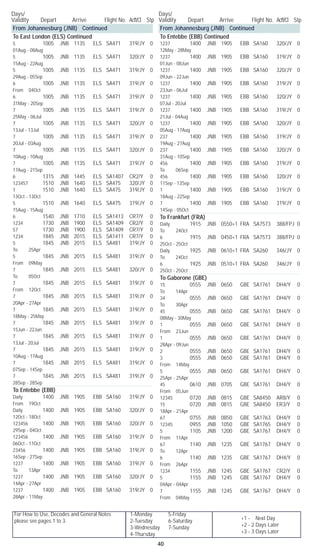 For How to Use, Decodes and General Notes
please see pages 1 to 3.
1-Monday	 5-Friday
2-Tuesday	 6-Saturday
3-Wednesday	 7-Sunday
4-Thursday
Days/	
Validity	 Depart	 Arrive	 Flight No. Acft/Cl	 Stp
Days/	
Validity	 Depart	 Arrive	 Flight No. Acft/Cl	 Stp
40
+1 - Next Day
+2 - 2 Days Later
+3 - 3 Days Later
From Johannesburg (JNB) Continued
To East London (ELS) Continued
5		 1005	 JNB	 1135	 ELS	 SA471	 319/JY	 0	
01Aug - 08Aug
5		 1005	 JNB	 1135	 ELS	 SA471	 320/JY	 0	
15Aug - 22Aug
5		 1005	 JNB	 1135	 ELS	 SA471	 319/JY	 0	
29Aug - 05Sep
6		 1005	 JNB	 1135	 ELS	 SA471	 319/JY	 0	
From 04Oct
6		 1005	 JNB	 1135	 ELS	 SA471	 319/JY	 0	
31May - 20Sep
7		 1005	 JNB	 1135	 ELS	 SA471	 319/JY	 0	
25May - 06Jul
7		 1005	 JNB	 1135	 ELS	 SA471	 320/JY	 0	
13Jul - 13Jul
7		 1005	 JNB	 1135	 ELS	 SA471	 319/JY	 0	
20Jul - 03Aug
7		 1005	 JNB	 1135	 ELS	 SA471	 320/JY	 0	
10Aug - 10Aug
7		 1005	 JNB	 1135	 ELS	 SA471	 319/JY	 0	
17Aug - 21Sep
6		 1315	 JNB	 1445	 ELS	 SA1407	 CR2/Y	 0
123457		 1510	 JNB	 1640	 ELS	 SA475	 320/JY	 0
1		 1510	 JNB	 1640	 ELS	 SA475	 319/JY	 0	
13Oct - 13Oct
5		 1510	 JNB	 1640	 ELS	 SA475	 319/JY	 0	
15Aug - 15Aug
6		 1540	 JNB	 1710	 ELS	 SA1413	 CR7/Y	 0
1234		 1730	 JNB	 1900	 ELS	 SA1409	 CR2/Y	 0
57		 1730	 JNB	 1900	 ELS	 SA1409	 CR7/Y	 0
1234		 1845	 JNB	 2015	 ELS	 SA1411	 CR7/Y	 0
5		 1845	 JNB	 2015	 ELS	 SA481	 319/JY	 0	
To 25Apr
5		 1845	 JNB	 2015	 ELS	 SA481	 319/JY	 0	
From 09May
7		 1845	 JNB	 2015	 ELS	 SA481	 320/JY	 0	
To 05Oct
7		 1845	 JNB	 2015	 ELS	 SA481	 319/JY	 0	
From 12Oct
7		 1845	 JNB	 2015	 ELS	 SA481	 319/JY	 0	
20Apr - 27Apr
7		 1845	 JNB	 2015	 ELS	 SA481	 319/JY	 0	
18May - 25May
7		 1845	 JNB	 2015	 ELS	 SA481	 319/JY	 0	
15Jun - 22Jun
7		 1845	 JNB	 2015	 ELS	 SA481	 319/JY	 0	
13Jul - 20Jul
7		 1845	 JNB	 2015	 ELS	 SA481	 319/JY	 0	
10Aug - 17Aug
7		 1845	 JNB	 2015	 ELS	 SA481	 319/JY	 0	
07Sep - 14Sep
7		 1845	 JNB	 2015	 ELS	 SA481	 319/JY	 0	
28Sep - 28Sep
To Entebbe (EBB)
Daily		 1400	 JNB	 1905	 EBB	 SA160	 319/JY	 0	
From 19Oct
Daily		 1400	 JNB	 1905	 EBB	 SA160	 320/JY	 0	
12Oct - 18Oct
123456		 1400	 JNB	 1905	 EBB	 SA160	 320/JY	 0	
29Sep - 04Oct
123456		 1400	 JNB	 1905	 EBB	 SA160	 319/JY	 0	
06Oct - 11Oct
23456		 1400	 JNB	 1905	 EBB	 SA160	 319/JY	 0	
16Sep - 27Sep
1237		 1400	 JNB	 1905	 EBB	 SA160	 319/JY	 0	
To 13Apr
1237		 1400	 JNB	 1905	 EBB	 SA160	 320/JY	 0	
14Apr - 27Apr
1237		 1400	 JNB	 1905	 EBB	 SA160	 319/JY	 0	
28Apr - 11May
From Johannesburg (JNB) Continued
To Entebbe (EBB) Continued
1237		 1400	 JNB	 1905	 EBB	 SA160	 320/JY	 0	
12May - 28May
1237		 1400	 JNB	 1905	 EBB	 SA160	 319/JY	 0	
01Jun - 08Jun
1237		 1400	 JNB	 1905	 EBB	 SA160	 320/JY	 0	
09Jun - 22Jun
1237		 1400	 JNB	 1905	 EBB	 SA160	 319/JY	 0	
23Jun - 06Jul
1237		 1400	 JNB	 1905	 EBB	 SA160	 320/JY	 0	
07Jul - 20Jul
1237		 1400	 JNB	 1905	 EBB	 SA160	 319/JY	 0	
21Jul - 04Aug
1237		 1400	 JNB	 1905	 EBB	 SA160	 320/JY	 0	
05Aug - 17Aug
237		 1400	 JNB	 1905	 EBB	 SA160	 319/JY	 0	
19Aug - 27Aug
237		 1400	 JNB	 1905	 EBB	 SA160	 320/JY	 0	
31Aug - 10Sep
456		 1400	 JNB	 1905	 EBB	 SA160	 319/JY	 0	
To 06Sep
456		 1400	 JNB	 1905	 EBB	 SA160	 320/JY	 0	
11Sep - 13Sep
1		 1400	 JNB	 1905	 EBB	 SA160	 319/JY	 0	
18Aug - 22Sep
7		 1400	 JNB	 1905	 EBB	 SA160	 319/JY	 0	
14Sep - 05Oct
To Frankfurt (FRA)
Daily		 1915	 JNB	 0550+1	 FRA	 SA7573	 388/FPJ	 0	
To 24Oct
6		 1915	 JNB	 0450+1	 FRA	 SA7573	 388/FPJ	 0	
25Oct - 25Oct
Daily		 1925	 JNB	 0610+1	 FRA	 SA260	 346/JY	 0	
To 24Oct
6		 1925	 JNB	 0510+1	 FRA	 SA260	 346/JY	 0	
25Oct - 25Oct
To Gaborone (GBE)
15		 0555	 JNB	 0650	 GBE	 SA1761	 DH4/Y	 0	
To 14Apr
34		 0555	 JNB	 0650	 GBE	 SA1761	 DH4/Y	 0	
To 30Apr
45		 0555	 JNB	 0650	 GBE	 SA1761	 DH4/Y	 0	
08May - 30May
1		 0555	 JNB	 0650	 GBE	 SA1761	 DH4/Y	 0	
From 23Jun
1		 0555	 JNB	 0650	 GBE	 SA1761	 DH4/Y	 0	
28Apr - 09Jun
2		 0555	 JNB	 0650	 GBE	 SA1761	 DH4/Y	 0
3		 0555	 JNB	 0650	 GBE	 SA1761	 DH4/Y	 0	
From 14May
5		 0555	 JNB	 0650	 GBE	 SA1761	 DH4/Y	 0	
25Apr - 25Apr
45		 0610	 JNB	 0705	 GBE	 SA1761	 DH4/Y	 0	
From 05Jun
12345		 0720	 JNB	 0815	 GBE	 SA8450	 AR8/Y	 0
15		 0720	 JNB	 0815	 GBE	 SA8450	 ER3/Y	 0	
18Apr - 21Apr
67		 0755	 JNB	 0850	 GBE	 SA1763	 DH4/Y	 0
12345		 0955	 JNB	 1050	 GBE	 SA1765	 DH4/Y	 0
5		 1105	 JNB	 1200	 GBE	 SA1767	 DH4/Y	 0	
From 11Apr
67		 1140	 JNB	 1235	 GBE	 SA1767	 DH4/Y	 0	
To 12Apr
6		 1140	 JNB	 1235	 GBE	 SA1767	 DH4/Y	 0	
From 26Apr
1234		 1155	 JNB	 1245	 GBE	 SA1767	 CR2/Y	 0
5		 1155	 JNB	 1245	 GBE	 SA1767	 DH4/Y	 0	
04Apr - 04Apr
7		 1155	 JNB	 1245	 GBE	 SA1767	 DH4/Y	 0	
From 04May
 