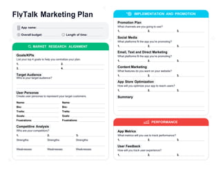 FlyTalk Marketing Plan
App name:
IMPLEMENTATION AND PROMOTION
Promotion Plan
What channels are you going to use?
1. 2. 3.
Overall budget: Length of time:
Social Media
What platforms fit the app you’re promoting?
MARKET RESEARCH ALIGNMENT
Goals/KPIs
List your top 4 goals to help you centralize your plan.
1. 2.
3. 4.
Target Audience
Who is your target audience?
1. 2. 3.
Email, Text and Direct Marketing
What platforms fit the app you’re promoting?
1. 2. 3.
Content Marketing
What features do you want on your website?
1. 2. 3.
User Personas
Create user personas to represent your target customers.
App Store Optimization
How will you optimize your app to reach users?
1. 2. 3.
Summary
Name:
Bio:
Traits:
Goals:
Frustrations:
Competitive Analysis
Who are your competitors?
Name:
Bio:
Traits:
Goals:
Frustrations:
PERFORMANCE
App Metrics
1. 2. 3. What metrics will you use to track performance?
Strengths:
Weaknesses:
Strengths:
Weaknesses:
Strengths:
Weaknesses:
1. 2. 3.
User Feedback
How will you track user experience?
1. 2. 3.
 