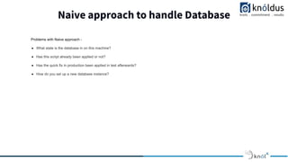 Naive approach to handle Database
Problems with Naive approach -
● What state is the database in on this machine?
● Has this script already been applied or not?
● Has the quick fix in production been applied in test afterwards?
● How do you set up a new database instance?
 