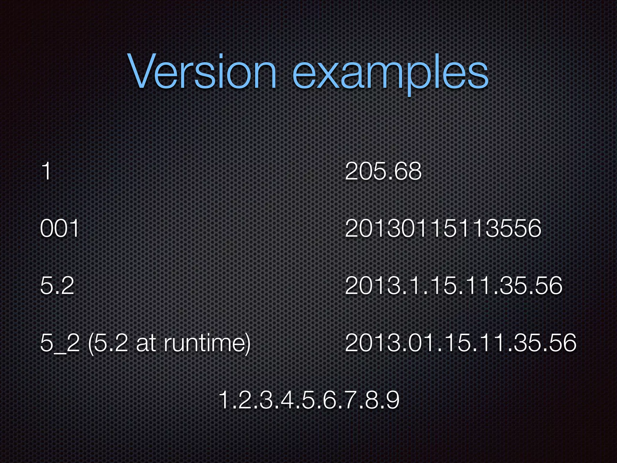 Version examples
1
001
5.2
5_2 (5.2 at runtime)
205.68
1.2.3.4.5.6.7.8.9
20130115113556
2013.1.15.11.35.56
2013.01.15.11.35.56
 
