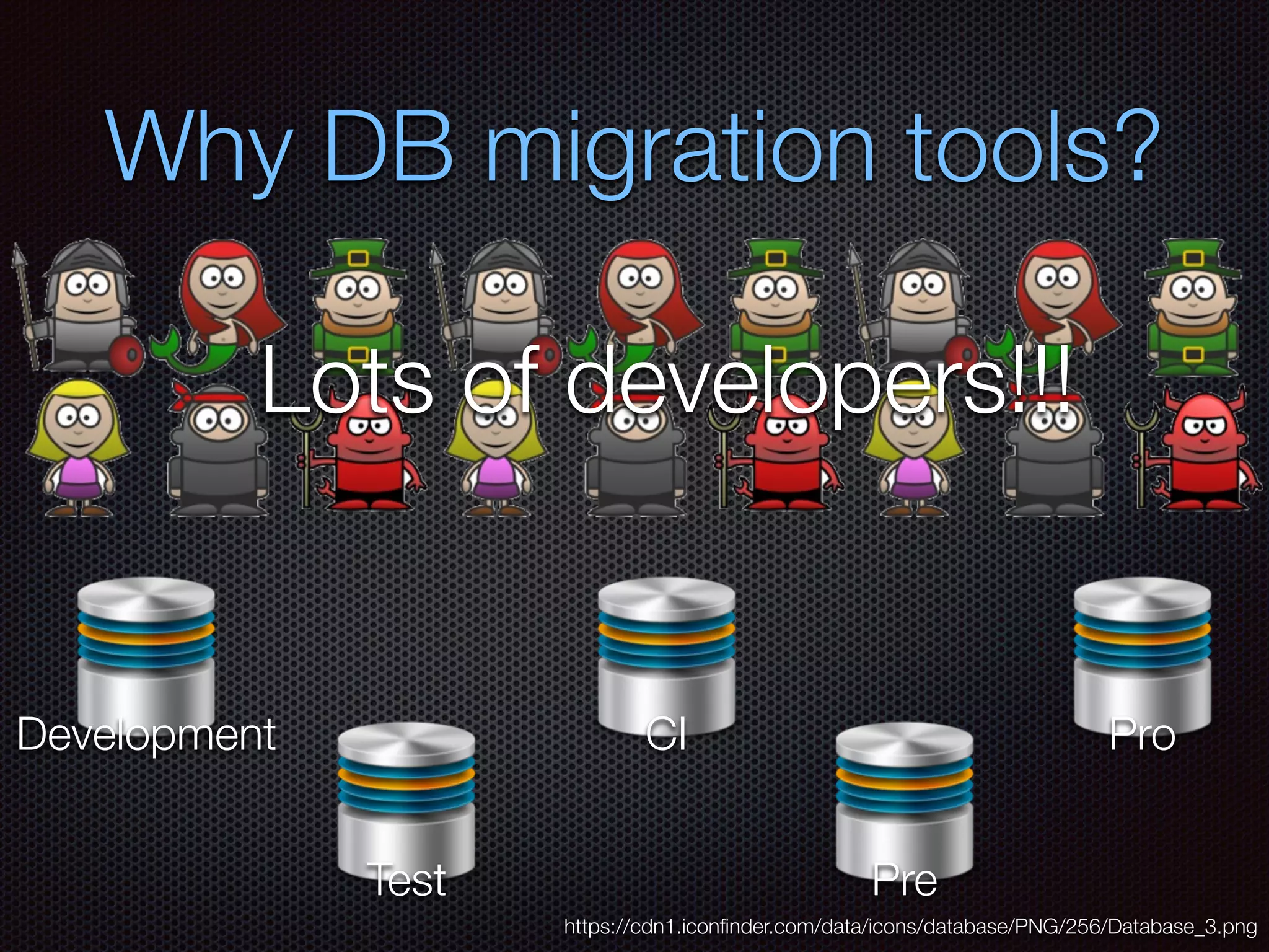 Why DB migration tools?
https://cdn1.iconﬁnder.com/data/icons/database/PNG/256/Database_3.png
CI
Test
Development
Pre
Pro
Lots of developers!!!
 