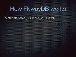 How FlywayDB works
Metadata table (SCHEMA_VERSION)
 