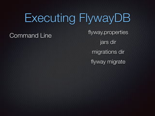 Executing FlywayDB
Command Line
ﬂyway.properties
jars dir
migrations dir
ﬂyway migrate
 