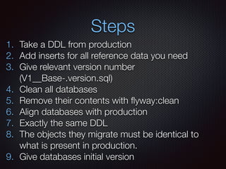 Steps
1. Take a DDL from production
2. Add inserts for all reference data you need
3. Give relevant version number
(V1__Base-.version.sql)
4. Clean all databases
5. Remove their contents with ﬂyway:clean
6. Align databases with production
7. Exactly the same DDL
8. The objects they migrate must be identical to
what is present in production.
9. Give databases initial version
 