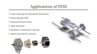 Applications of FESS
 Load Following for Distributed Generation
 Power Quality/UPS
 Industrial Pulsed Power
 Light rail power
 Flywheel in distribution network
 Hybrid and electric vehicles
 