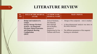 LITERATURE REVIEW5
SL.
NO
TITLE OF THE JOURNAL
(YEAR)
AUTHOR NAME,
JOURNAL NAME
MAIN POINTS
3 Design and Analysis of a
Unique
Energy Storage Flywheel
System—An Integrated
Flywheel, Motor/Generator,
and Magnetic Bearing
Configuration
(2015)
Arunvel Kailasan,
Tim Dimond,
Paul Allaire&
David Sheffler,
Journal of
Engineering for Gas
Turbines and Power
• Design of the composite rotor is studied
• A three-dimensional analysis was done on
the entire structure.
• The different parameters of the magnetic
bearing are calculated.
 