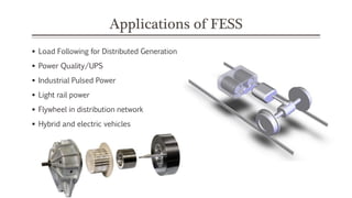 Applications of FESS
 Load Following for Distributed Generation
 Power Quality/UPS
 Industrial Pulsed Power
 Light rail power
 Flywheel in distribution network
 Hybrid and electric vehicles
 