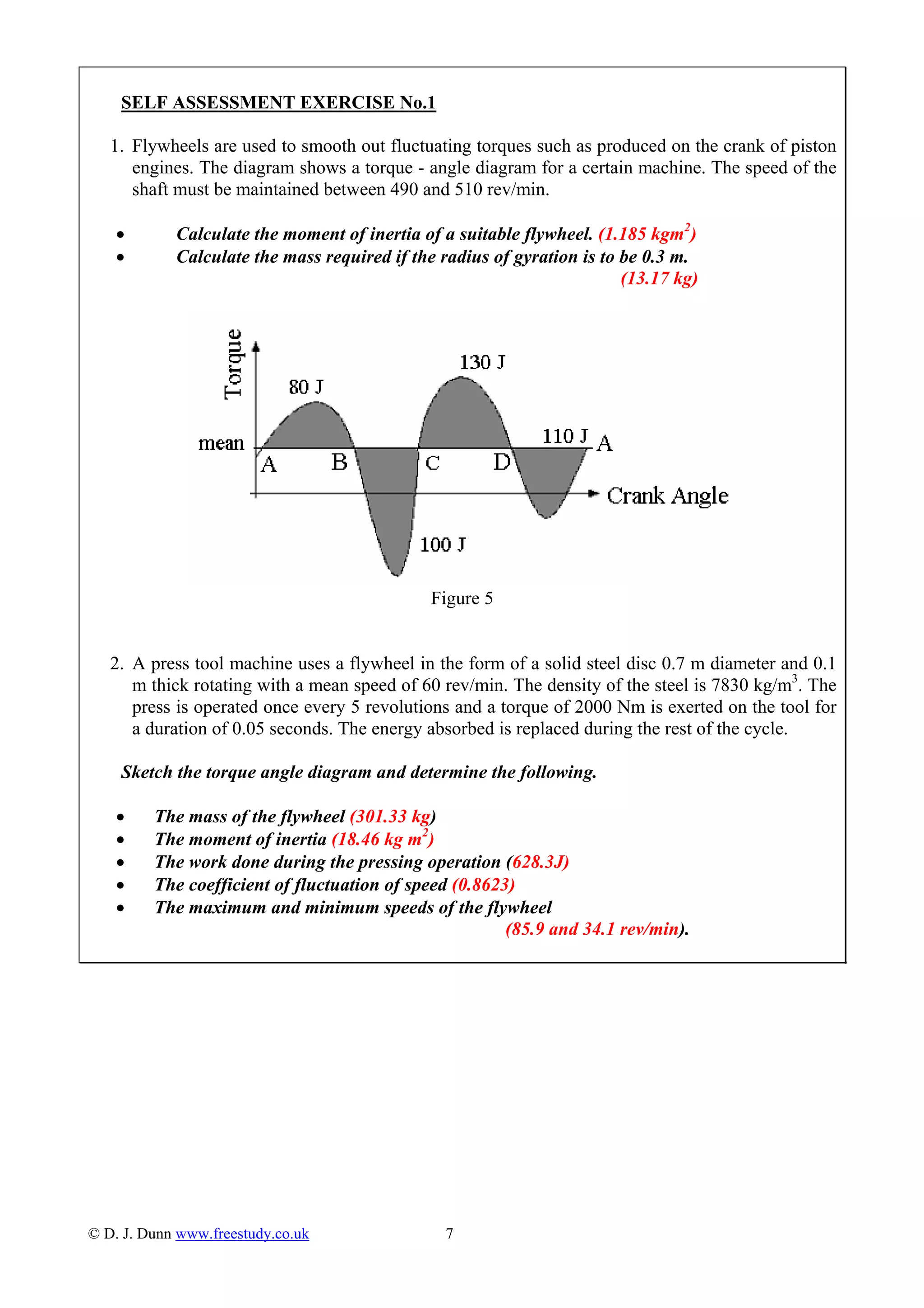 SELF ASSESSMENT EXERCISE No.1
1. Flywheels are used to smooth out fluctuating torques such as produced on the crank of piston
engines. The diagram shows a torque - angle diagram for a certain machine. The speed of the
shaft must be maintained between 490 and 510 rev/min.
• Calculate the moment of inertia of a suitable flywheel. (1.185 kgm2
)
• Calculate the mass required if the radius of gyration is to be 0.3 m.
(13.17 kg)
Figure 5
2. A press tool machine uses a flywheel in the form of a solid steel disc 0.7 m diameter and 0.1
m thick rotating with a mean speed of 60 rev/min. The density of the steel is 7830 kg/m3
. The
press is operated once every 5 revolutions and a torque of 2000 Nm is exerted on the tool for
a duration of 0.05 seconds. The energy absorbed is replaced during the rest of the cycle.
Sketch the torque angle diagram and determine the following.
• The mass of the flywheel (301.33 kg)
• The moment of inertia (18.46 kg m2
)
• The work done during the pressing operation (628.3J)
• The coefficient of fluctuation of speed (0.8623)
• The maximum and minimum speeds of the flywheel
(85.9 and 34.1 rev/min).
© D. J. Dunn www.freestudy.co.uk 7
 