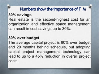 NumbersshowtheimportanceofF M
30% savings
Real estate is the second-highest cost for an
organization and effective space management
can result in cost savings up to 30%.
80% over budget
The average capital project is 80% over budget
and 20 months behind schedule, but adopting
capital project management technology can
lead to up to a 45% reduction in overall project
costs.
 