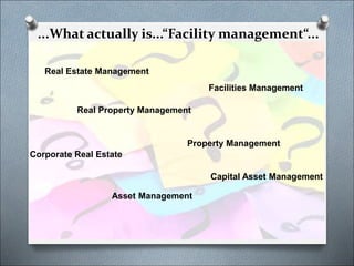 Real Property Management
Corporate Real Estate
Property Management
Facilities Management
Capital Asset Management
Real Estate Management
Asset Management
...What actually is...“Facility management“...
 